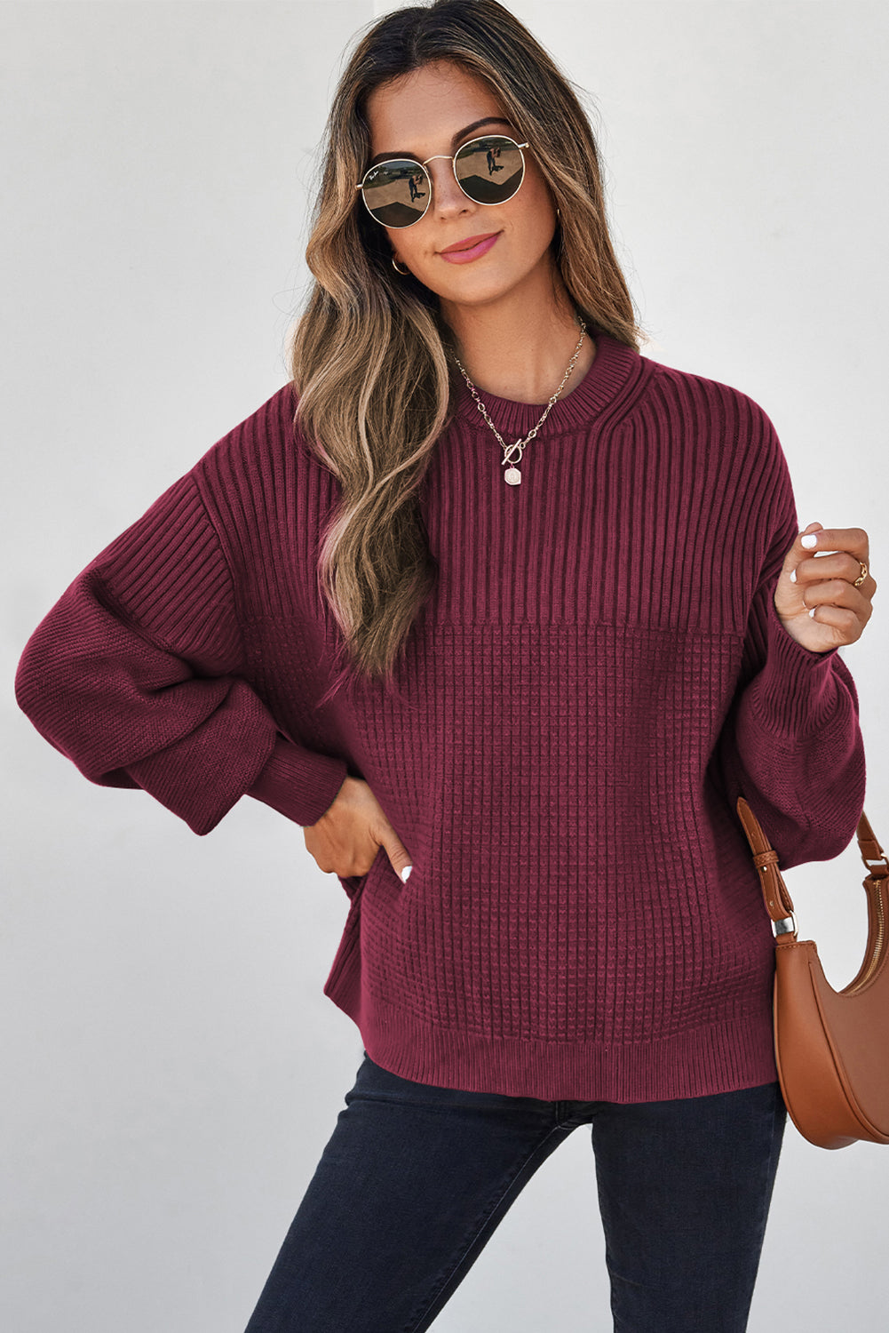 Vineyard Green Solid Color Mixed Textured Knitted Crew Neck Sweater