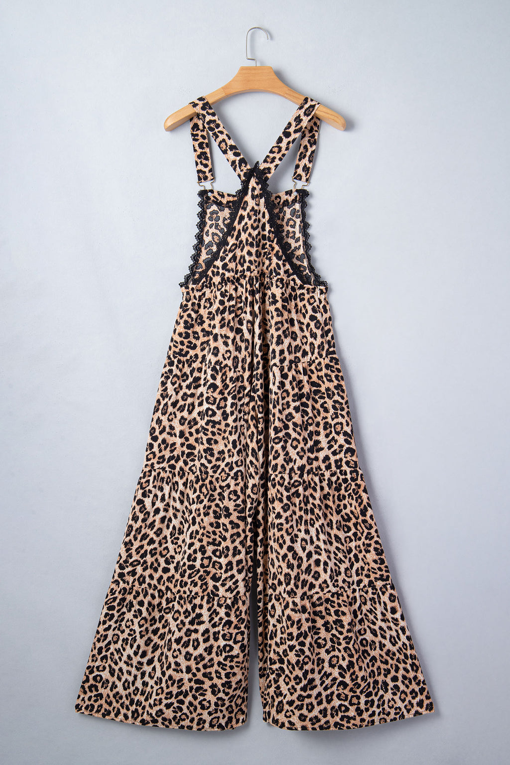 Khaki Cheetah Printed Contrast Lace Detail Ruffled Wide Leg Jumpsuit