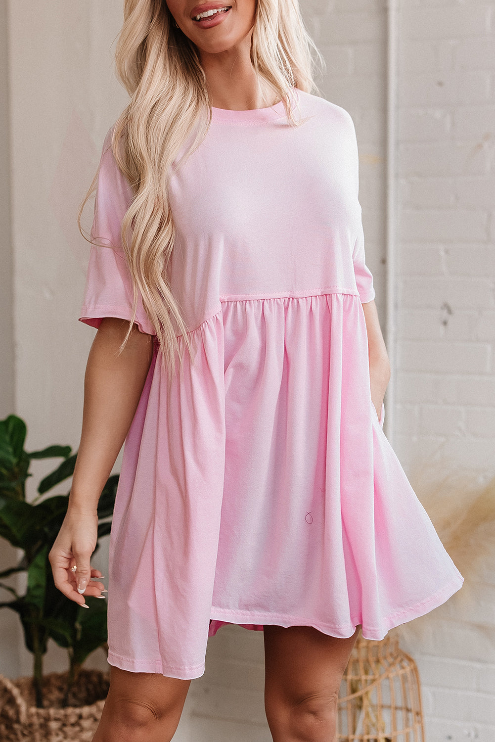 Sky Blue Solid Color Pocketed Raw Edge Babydoll Dress