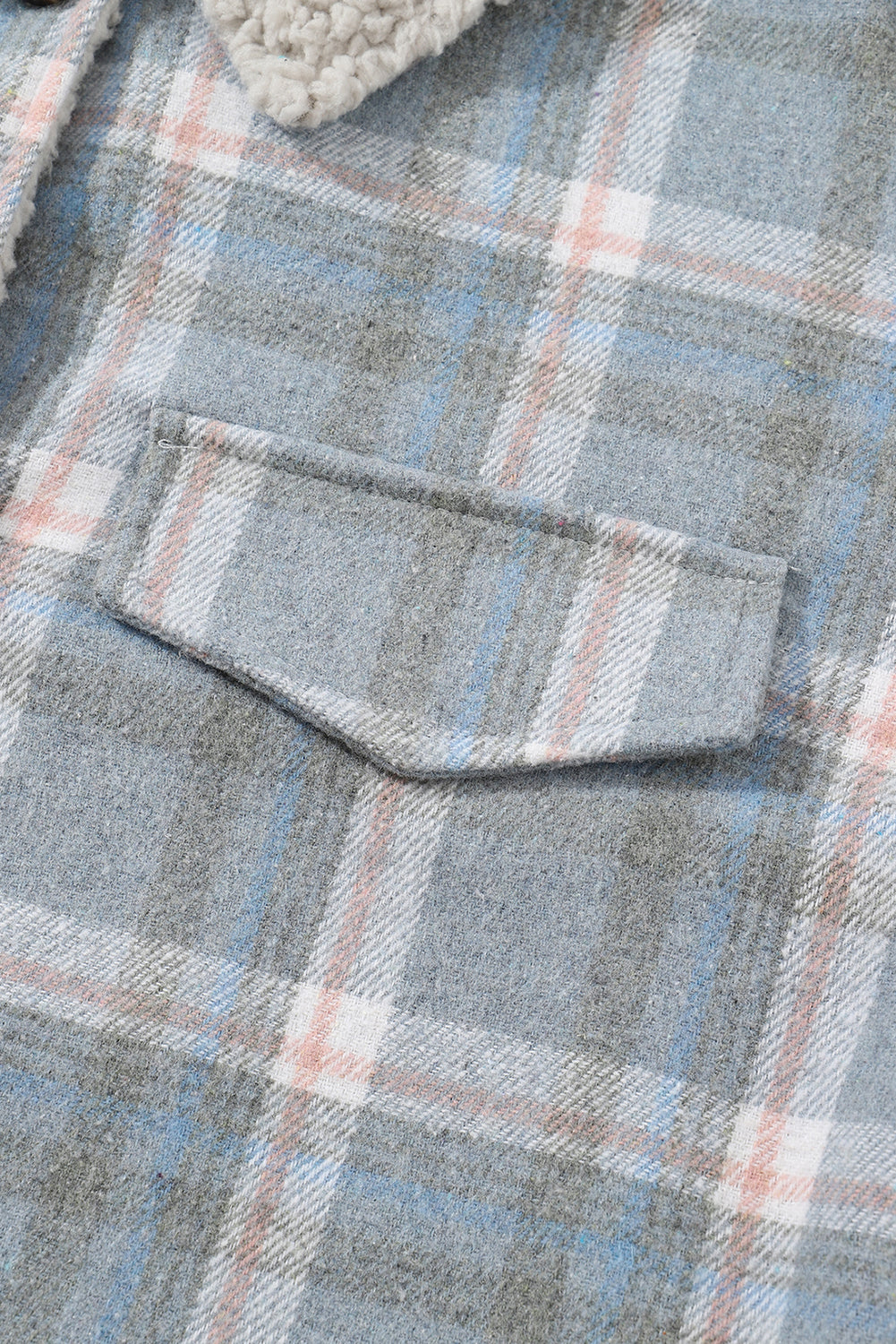 Sky Blue Stripe Sherpa Collar Cuffs Patchwork Plaid Shirt Jacket with Chest Pocket