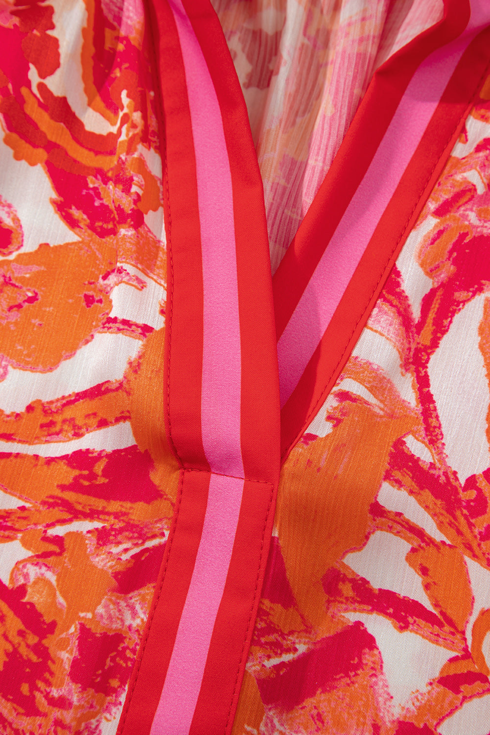 Rose Abstract Print Striped Trim Split Neck Blouse