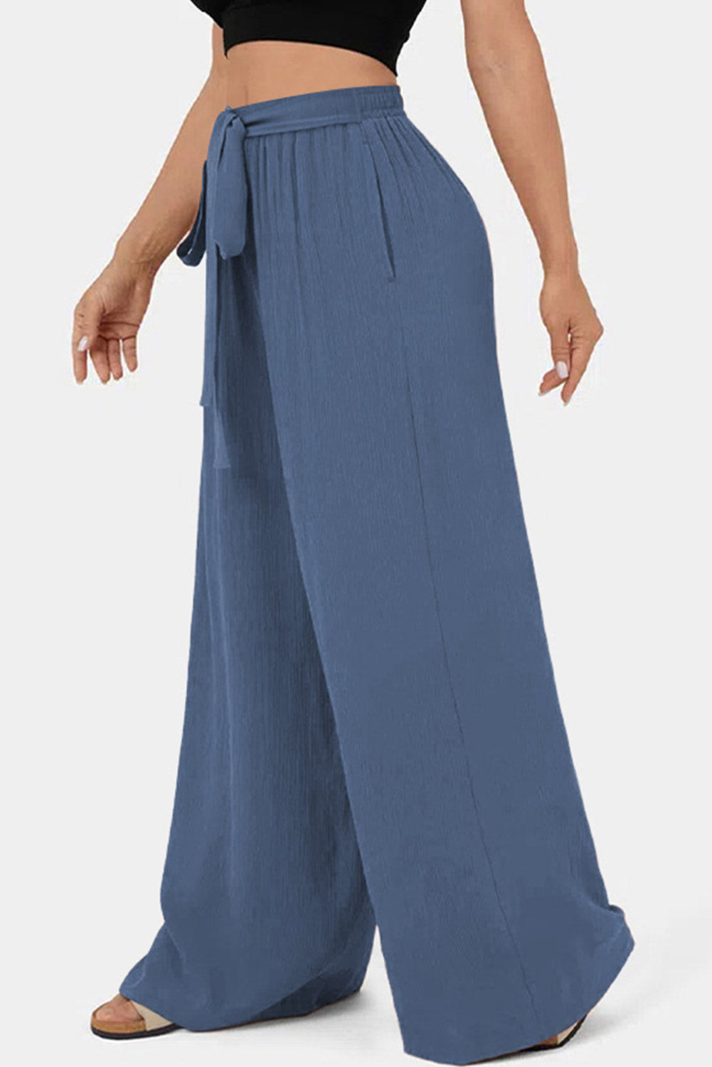 Rose Tan High Waisted Tie Front Side Pocket Wide Leg Flowy Casual Pants