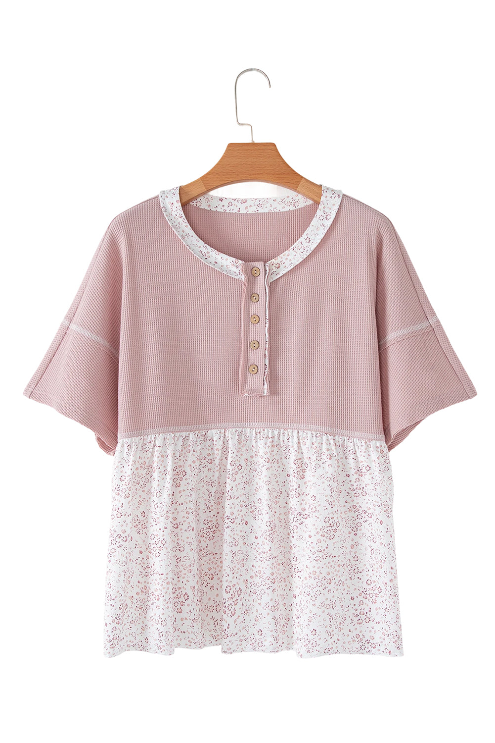 Pink Waffle Floral Patchwork Exposed Seam Detail Short Sleeve Top