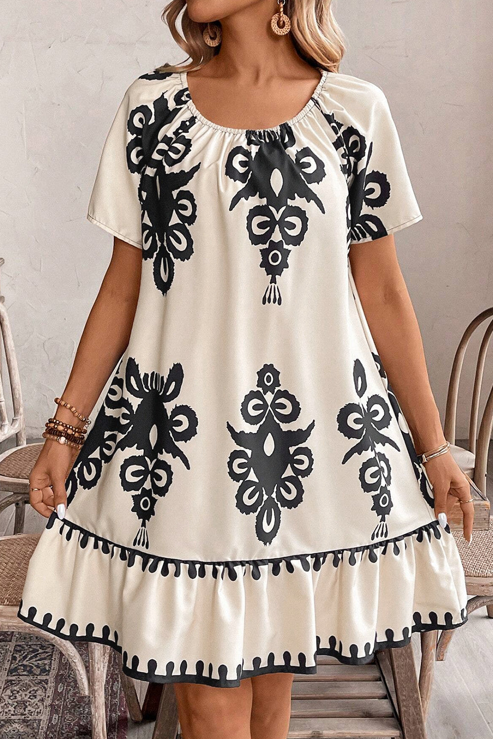 Beige Geometric Printed Sleeveless Hollowed Bowknot Back Mini Dress