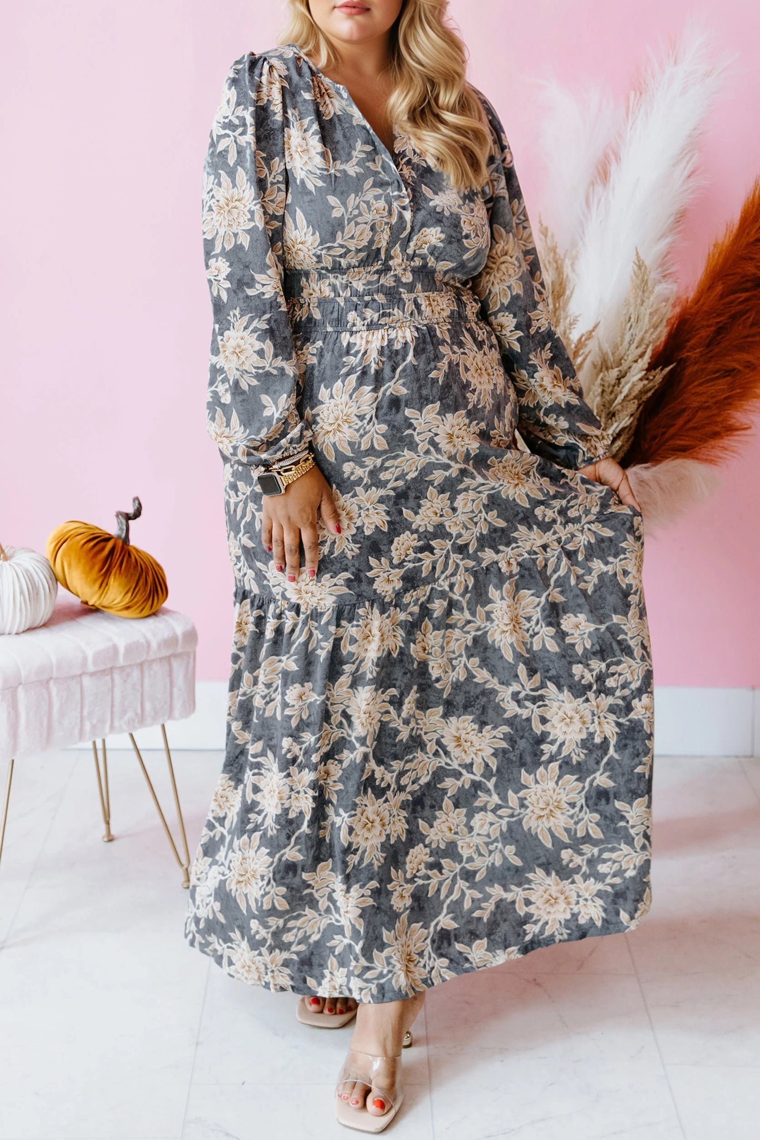 Sky Blue Floral Print Smocked High Waist Long Sleeve Maxi Dress