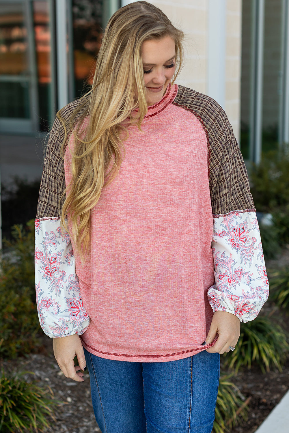 Fushia Mixed Print Raglan Sleeve Ribbed Knit Patchwork Blouse