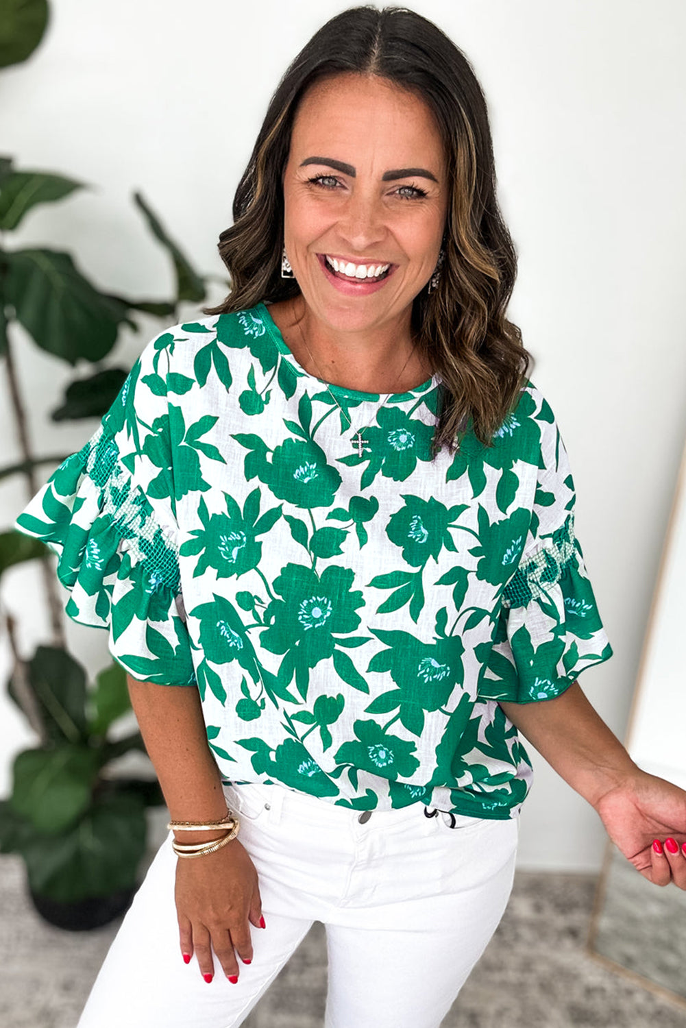 Pink Floral Printed Ruffled Short Sleeve Round Neck Loose Blouse