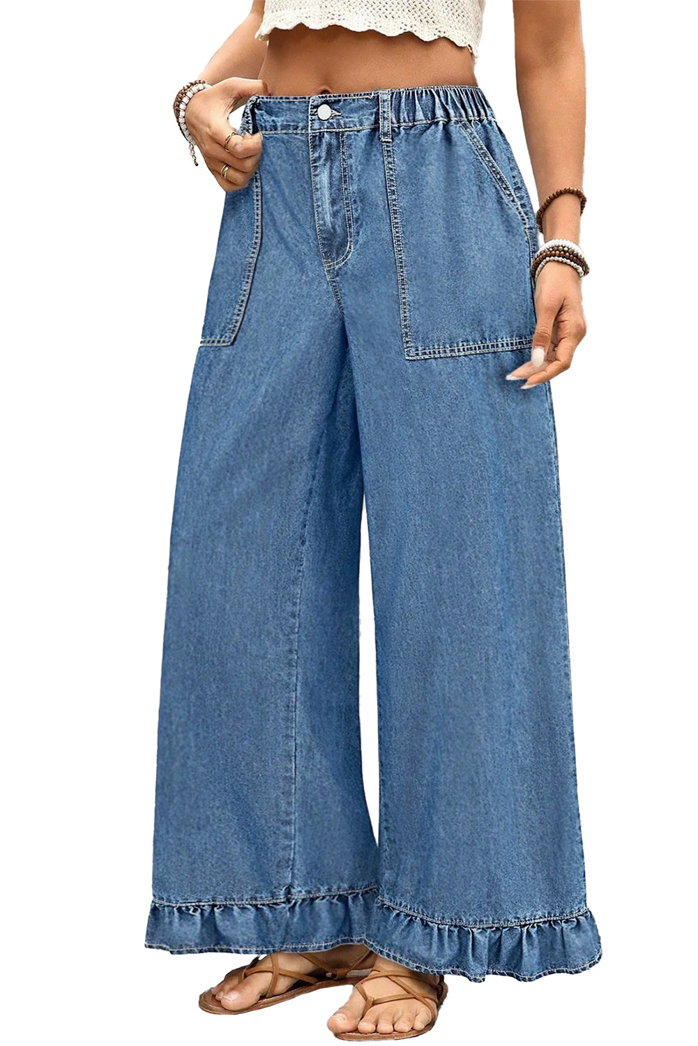 Black Plus Size Elastic Waist Ruffled Wide Leg Denim Pants