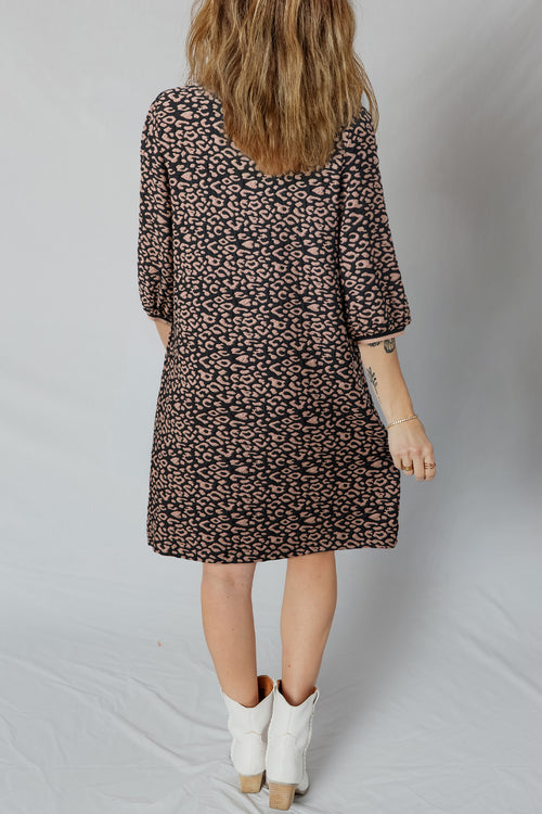 Black Leopard Print Bubble Sleeve Shift Mini Dress