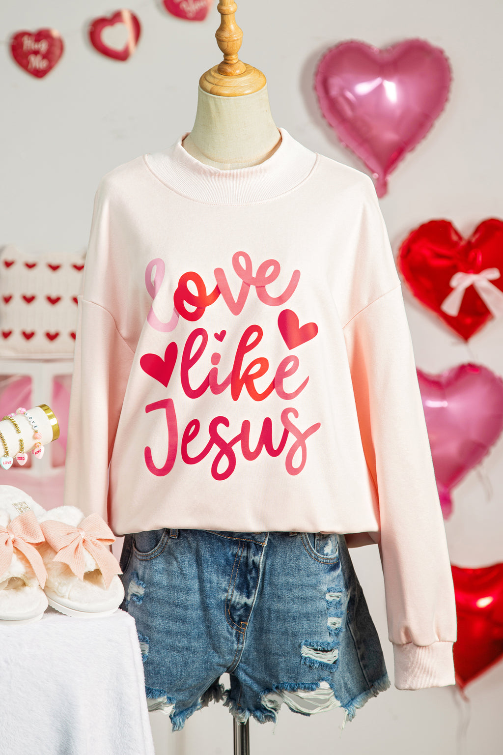Bright Pink Oversize Blessed Embroidered Mock Neck Sweatshirt