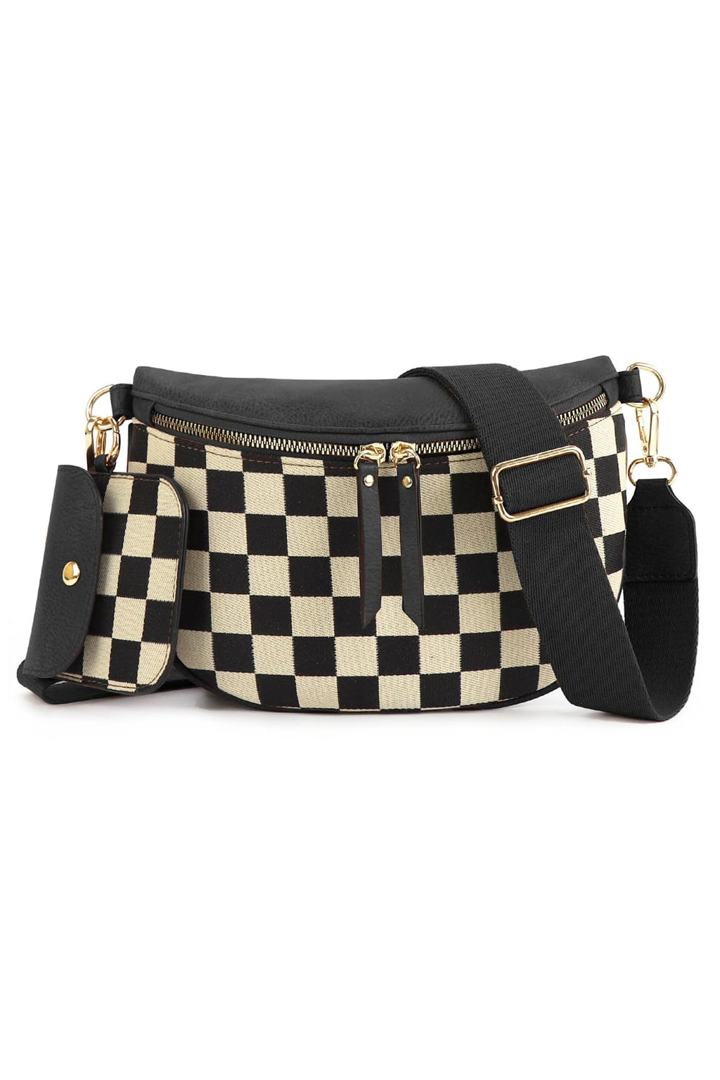 Coffee PU Leather Checkered Knit Patchwork Wallet Attached Shoulder Bag