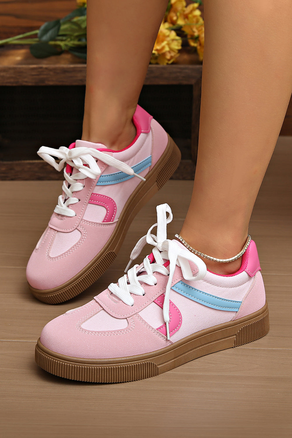 Pink Color Block PU Leather Patchwork Lace Up Flat Shoes