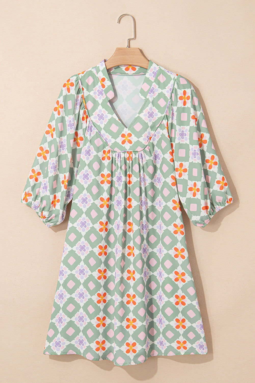 Green Geometric Floral Print Layered Flutter Sleeve V Neck Ric Rac Trim Blouse