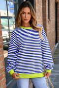 Sky Blue Stripe Striped Contrast Ribbed Trim Drop Shoulder Baggy Sweatshirt
