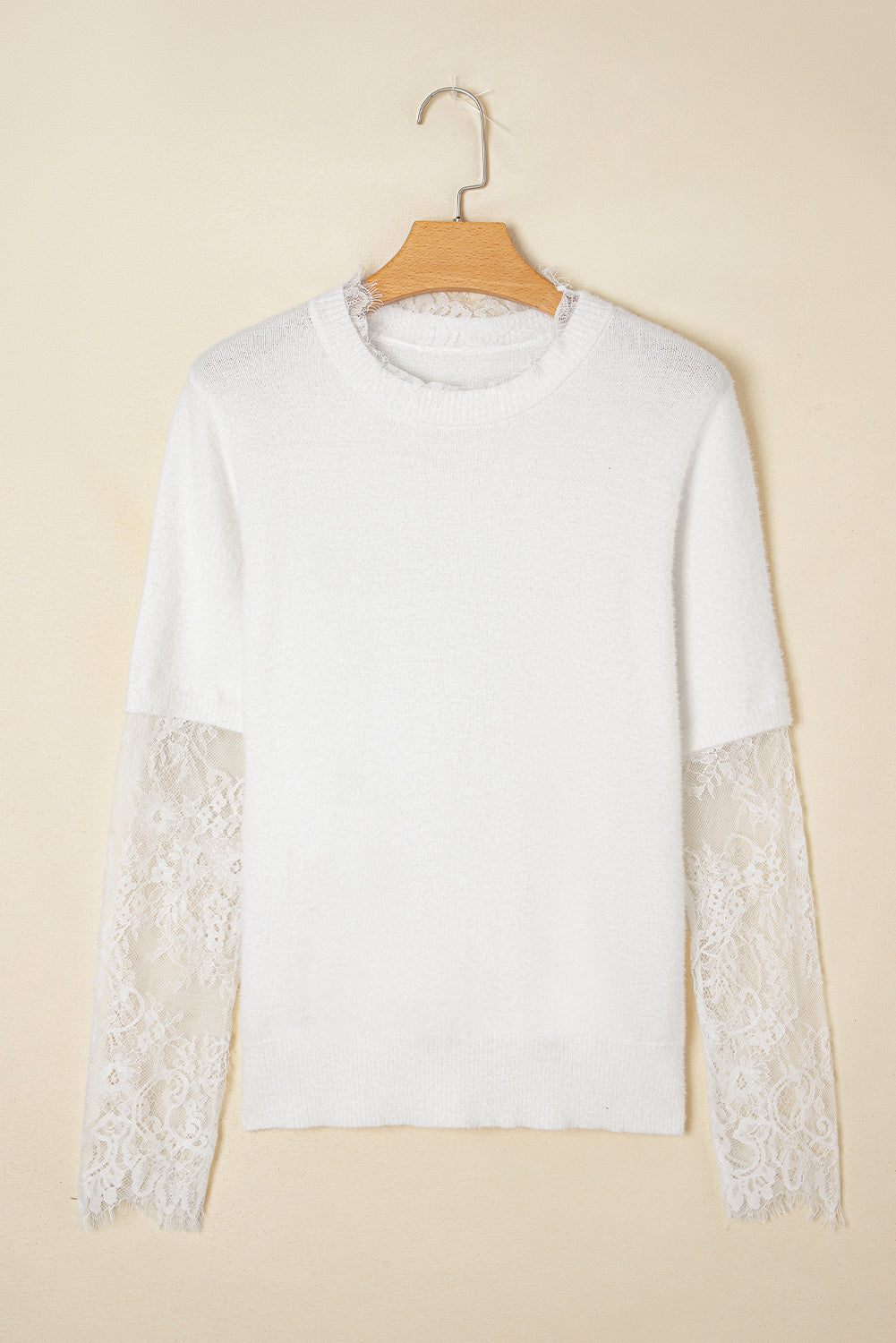 Beige Lace Sleeve Patchwork Faux Two-piece Fuzzy Sweater