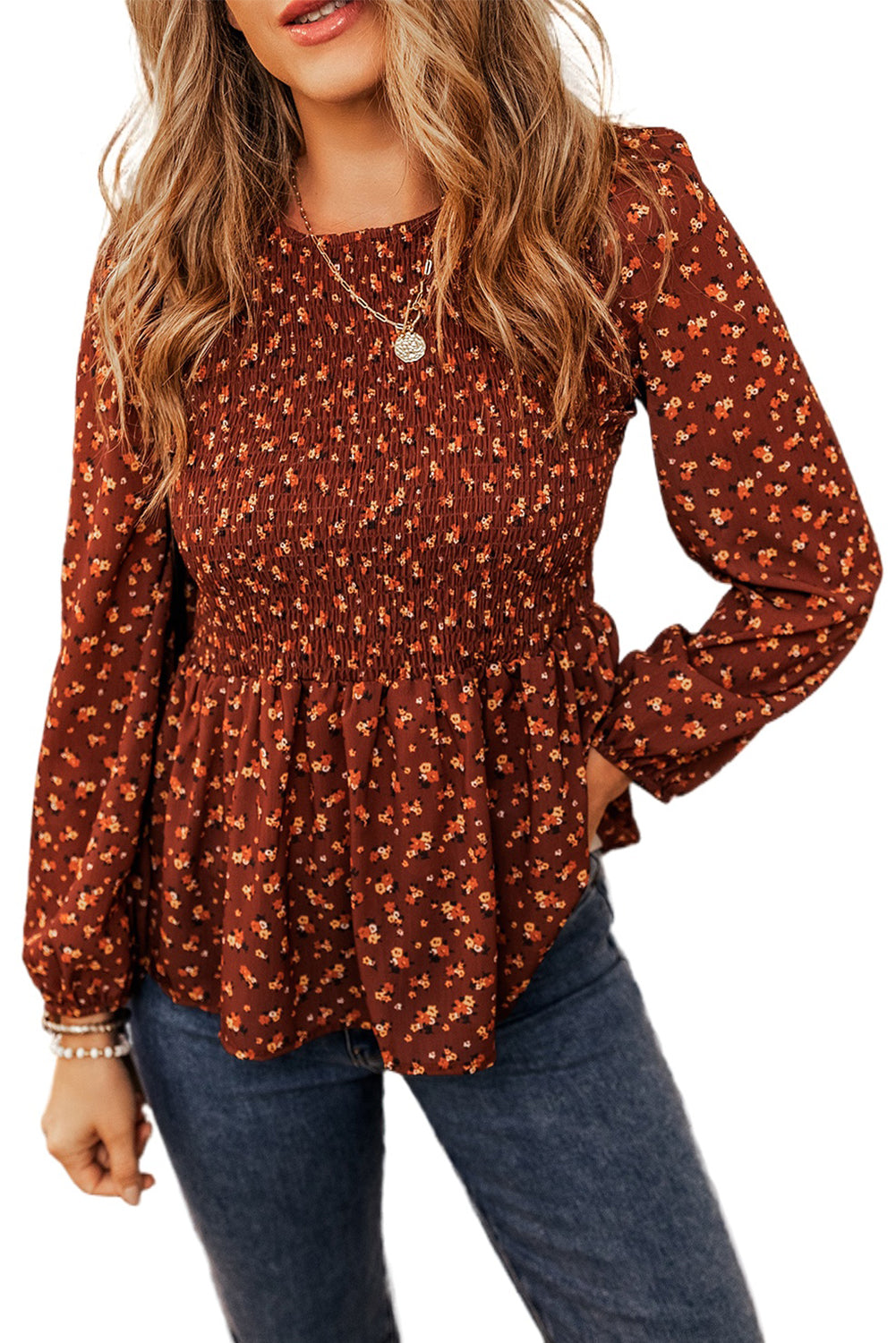 Black Boho Floral Smocked Bust Ruffled Peplum Blouse