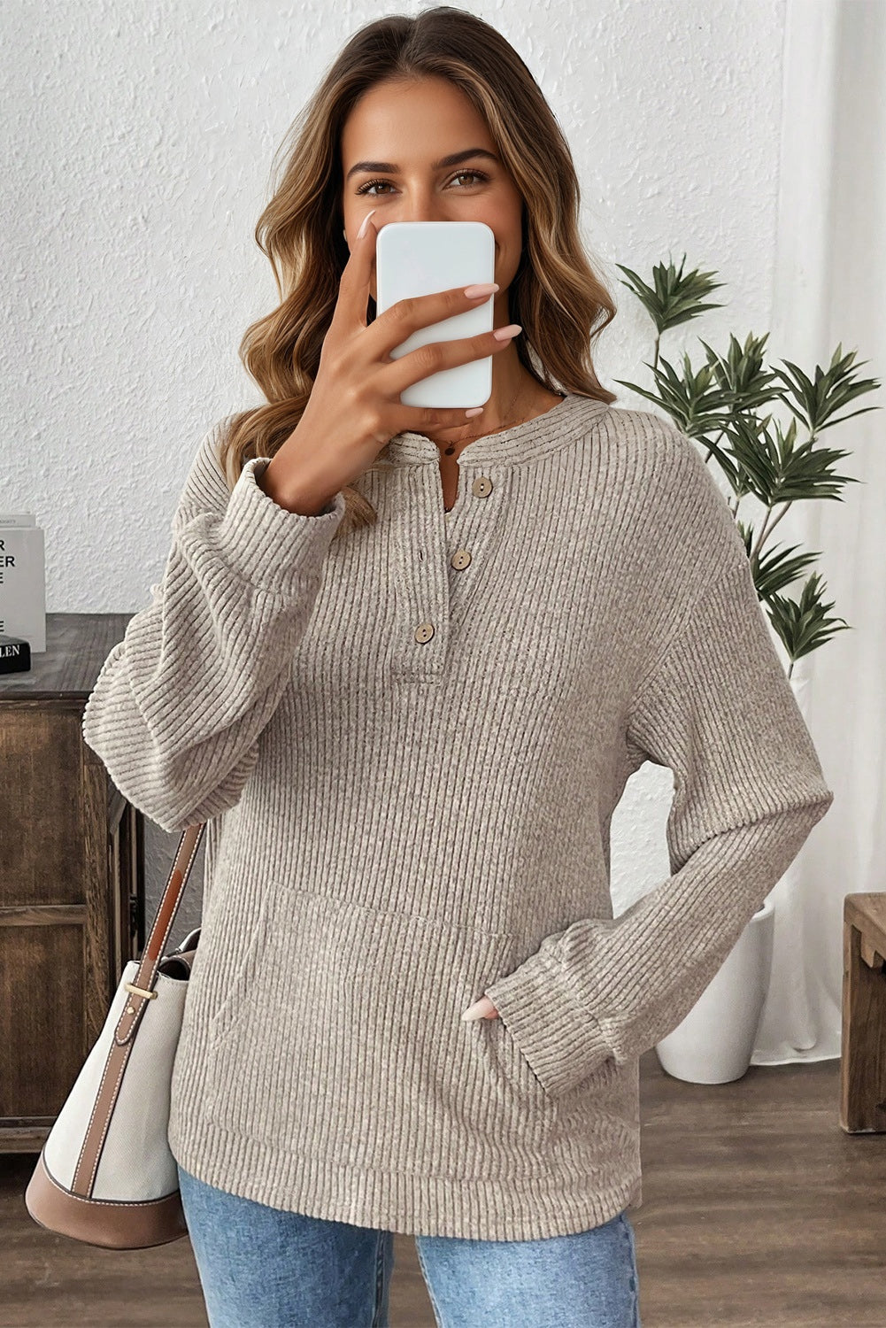 Simply Taupe Plus Size Ribbed Knit Kangaroo Pocket Henley Long Sleeve Top