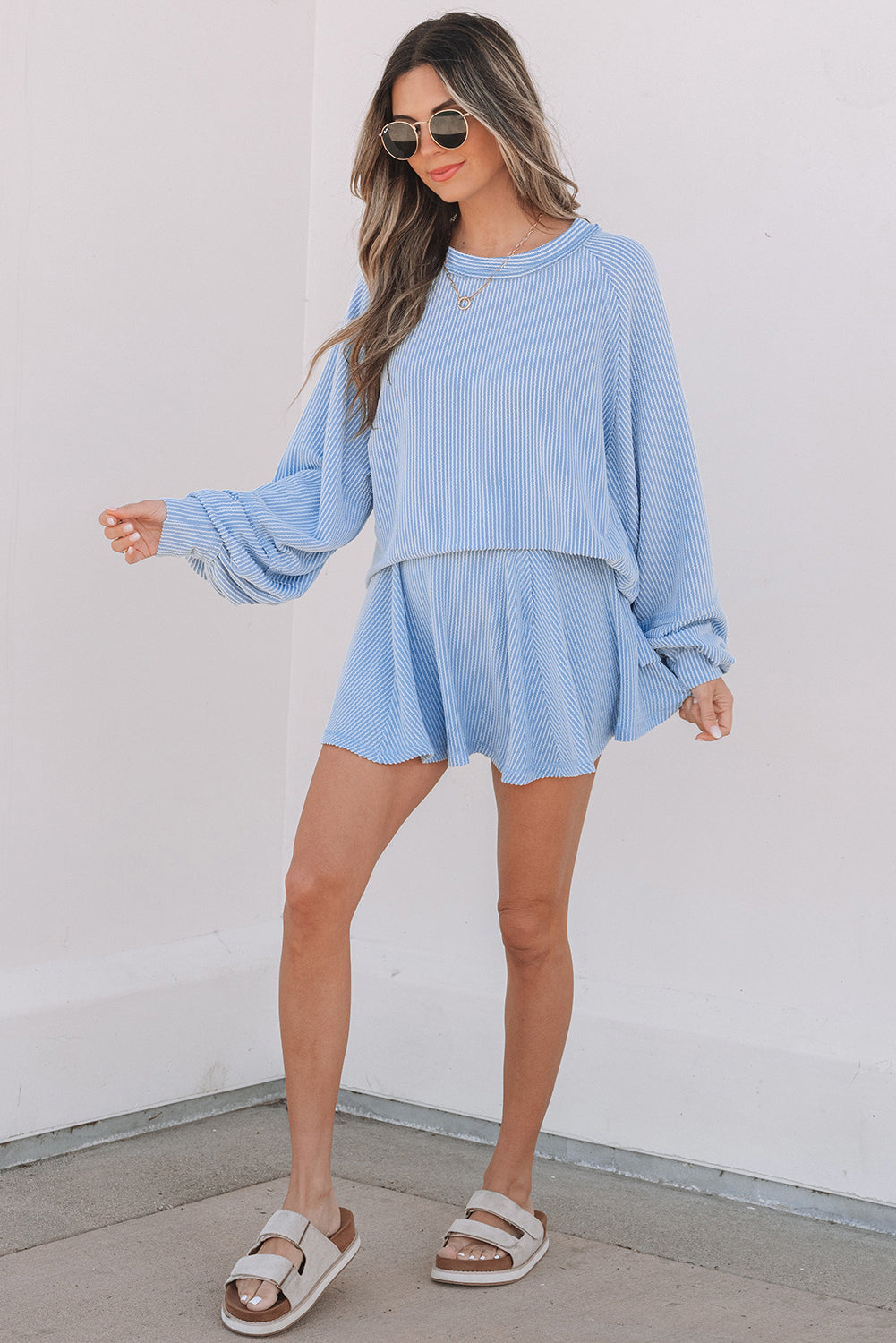 Jet Stream Corded Lantern Sleeve Top High Waist Ruffled Mini Skort Set