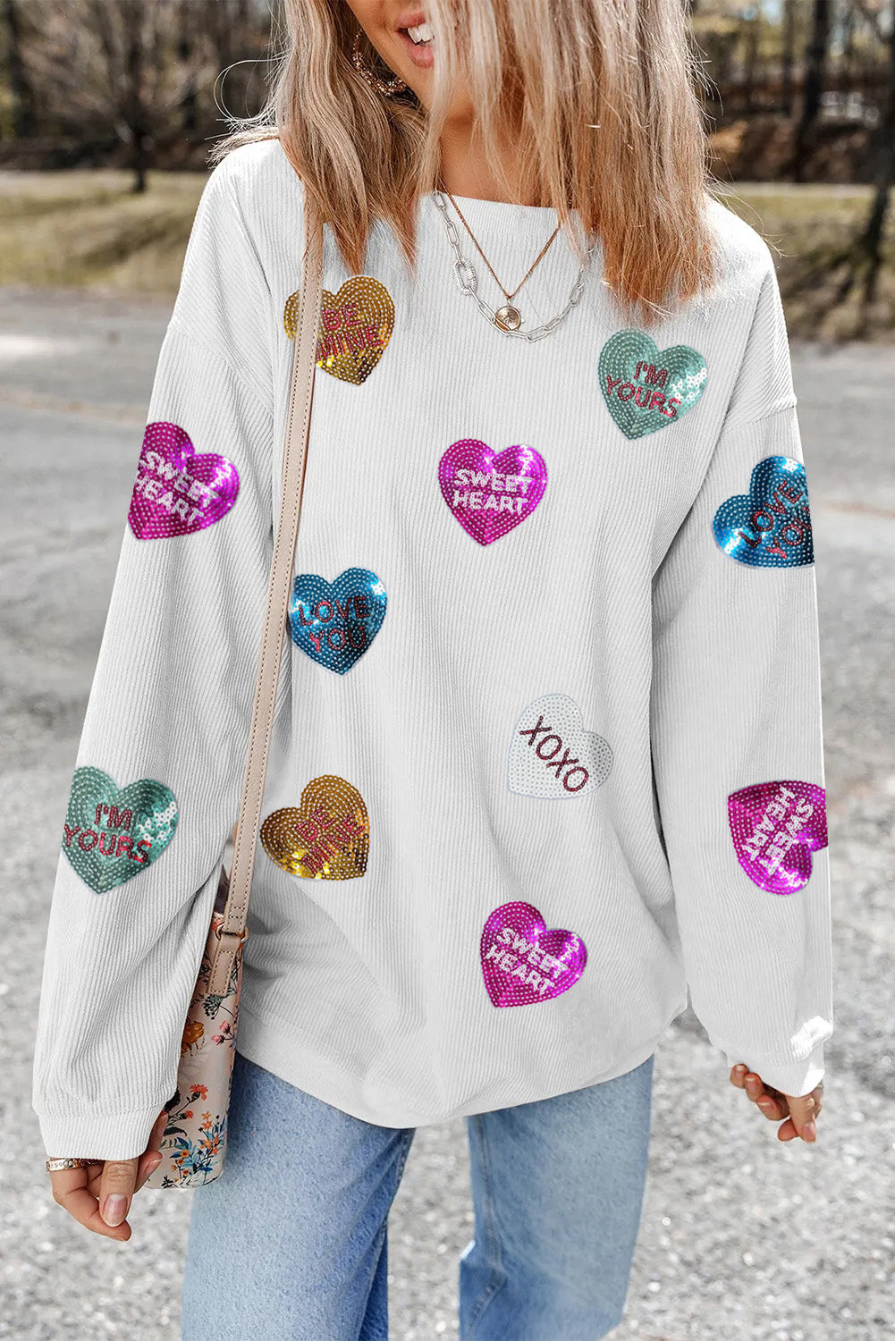 White Valentines Heart Patched Pattern Corded Pullover Sweatshirt