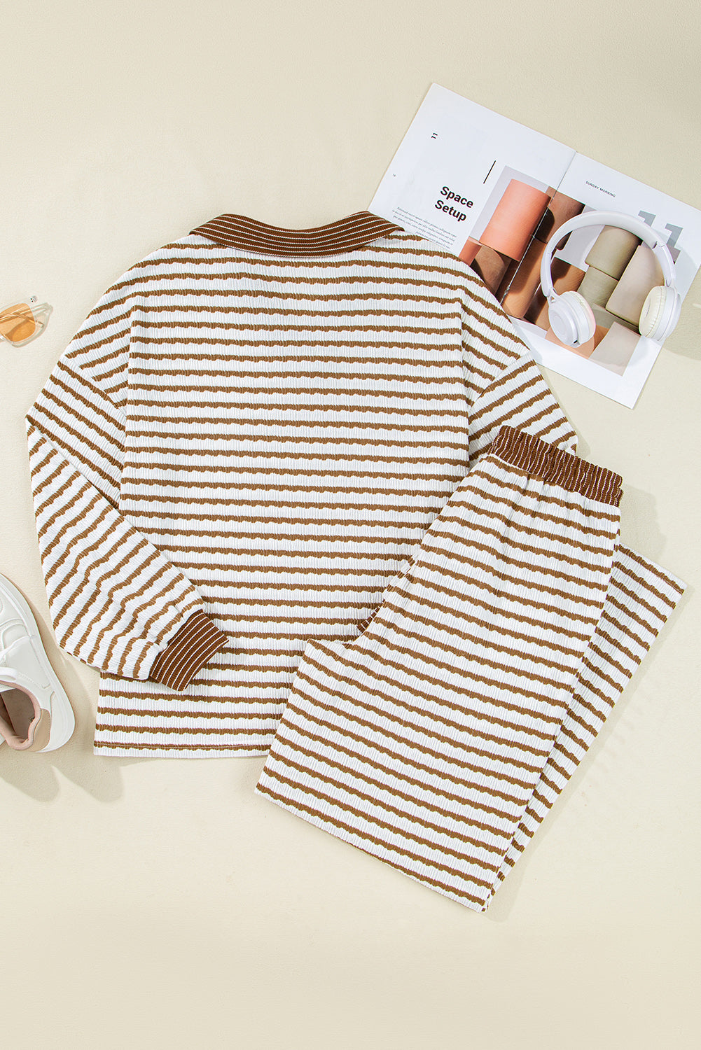Khaki Stripe Plus Size Collared V Neck Loose Pullover Drawstring Elastic Waist Wide Leg Pant Set