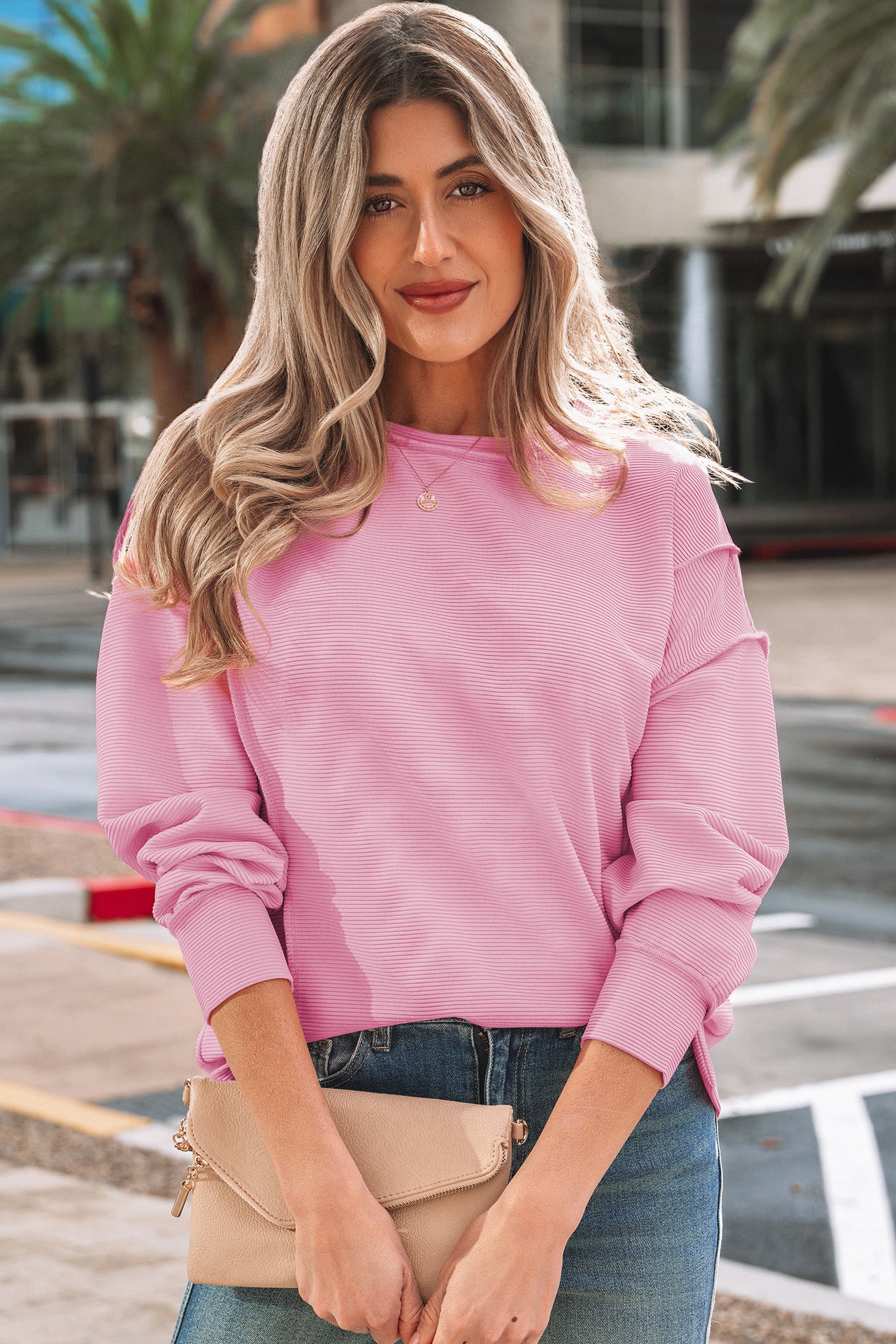 Lavendula Horizontal Ribbed Exposed Seam Detail Drop Shoulder Baggy Pullover