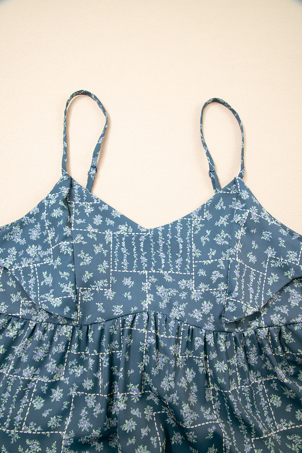 Blue Spaghetti Straps Floral Print Knot Detail High Waist Flared Dress