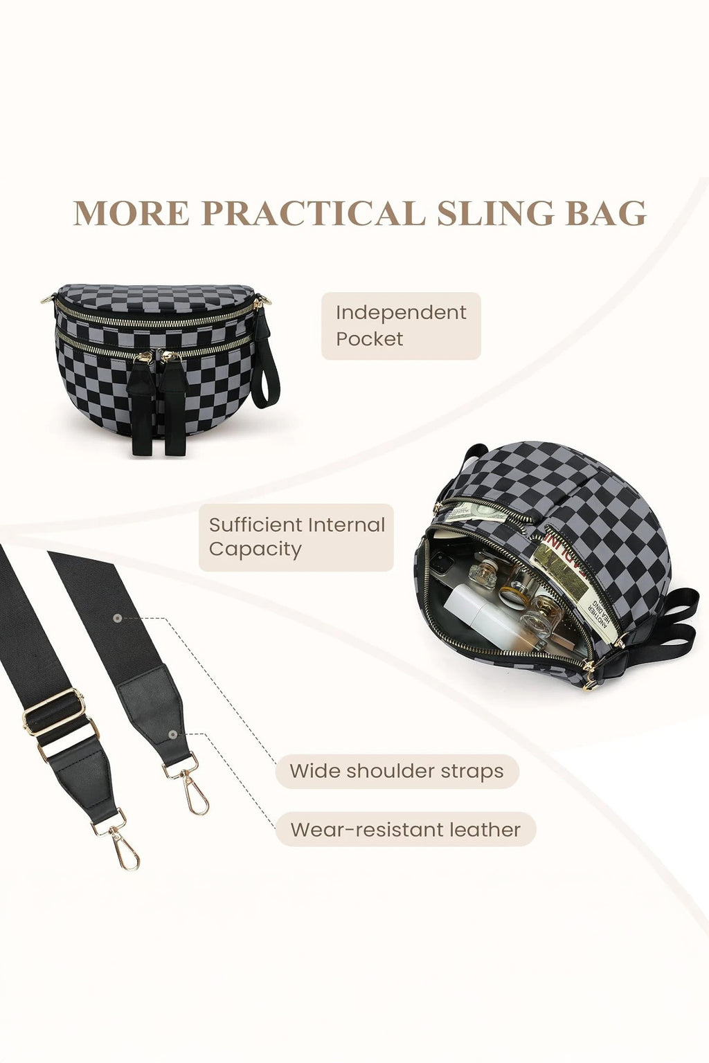 Color black Checkered Print Multi Pocket Zipped Canvas Crossbody Bag