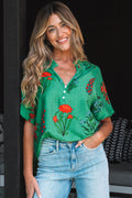 Bright Green Floral Print Buttoned V Neck Short Sleeve Blouse