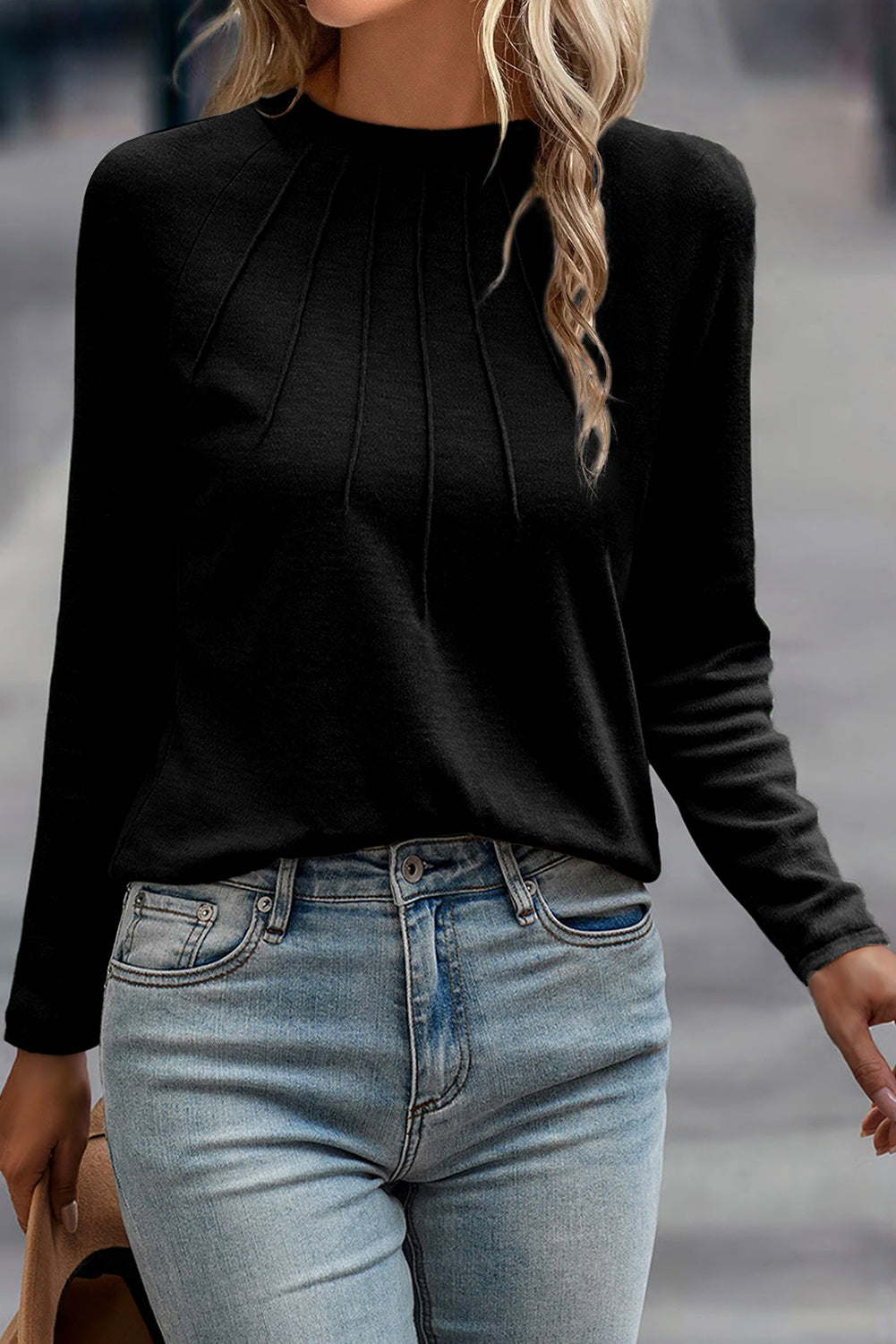 Navy Blue Solid Color Seam Detail Raglan Long Sleeve Top