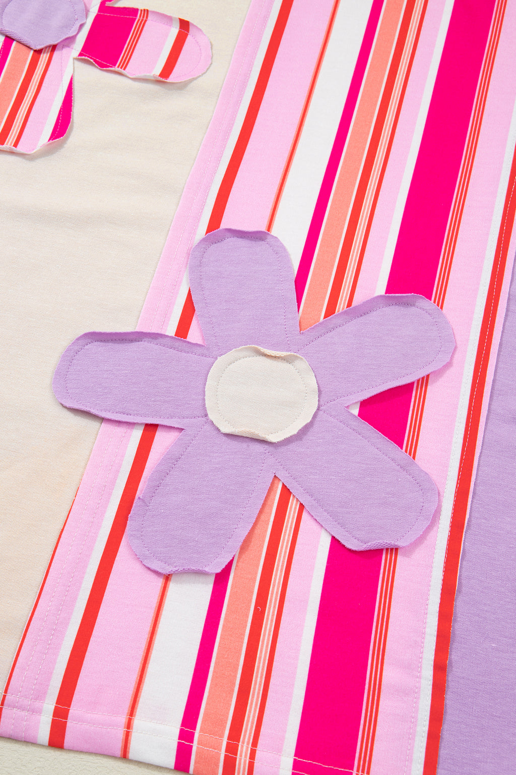 Pink Striped Color Block Flower Patched Half Sleeve Loose Top