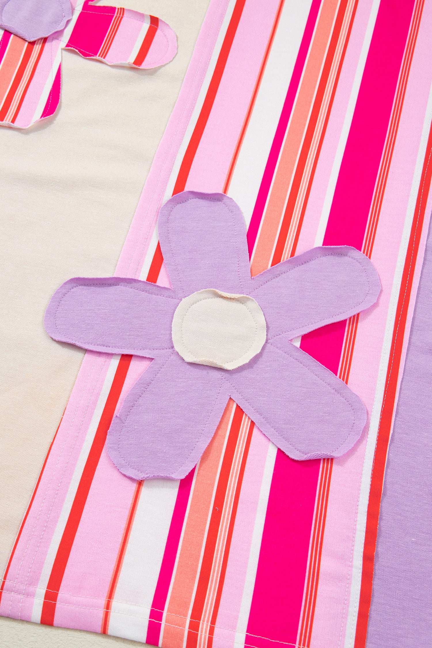 Pink Striped Color Block Flower Patched Half Sleeve Loose Top