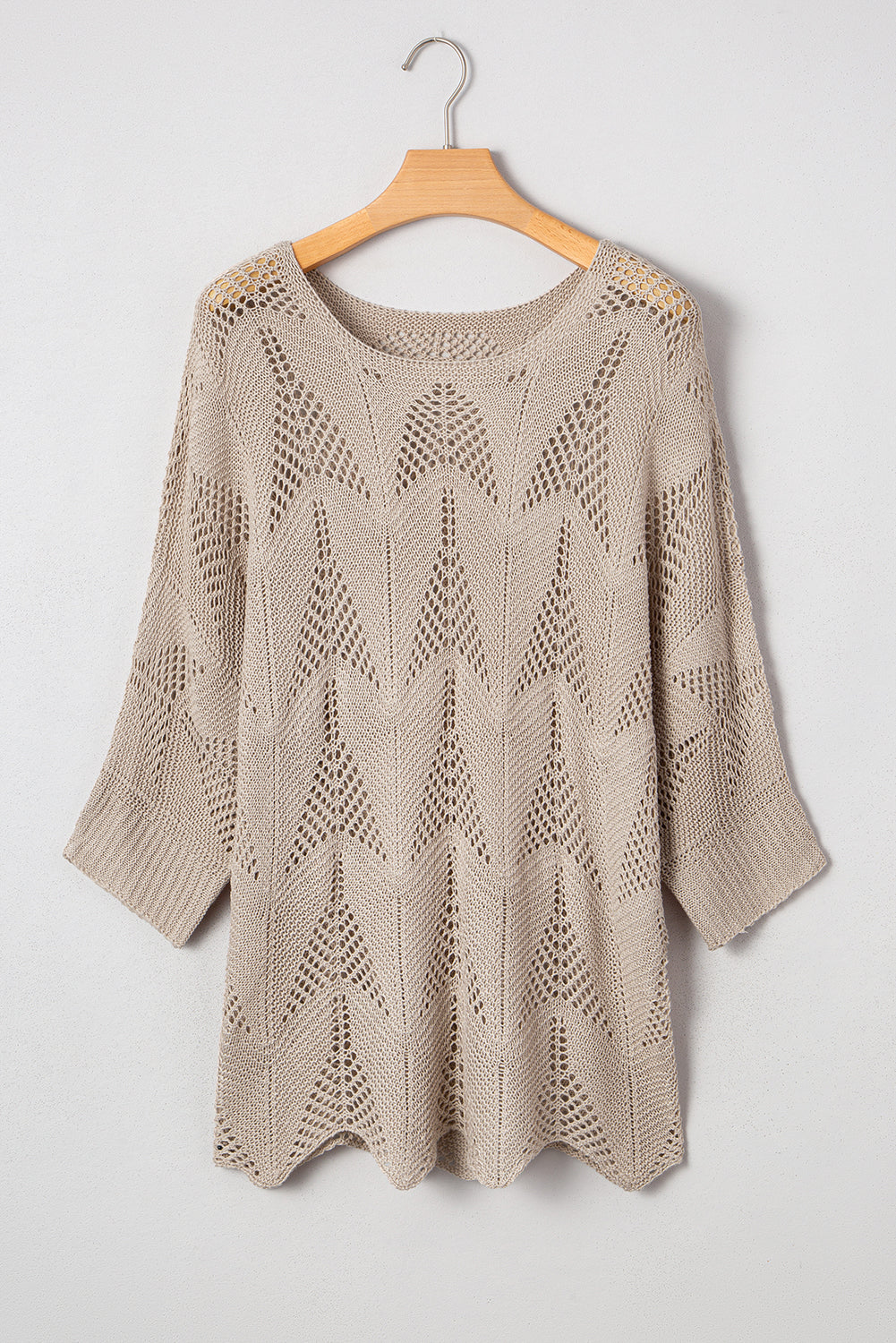 Navy Blue Hollow Out Knit 7/8 Sleeve Casual Sweater