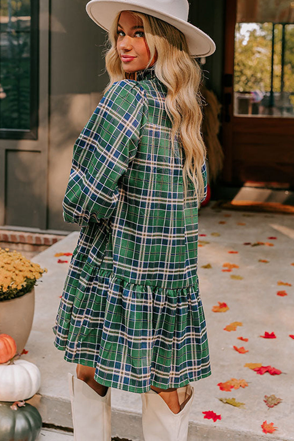 Green Plus Size Plaid Long Sleeve Notched Neck Shift Mini Dress