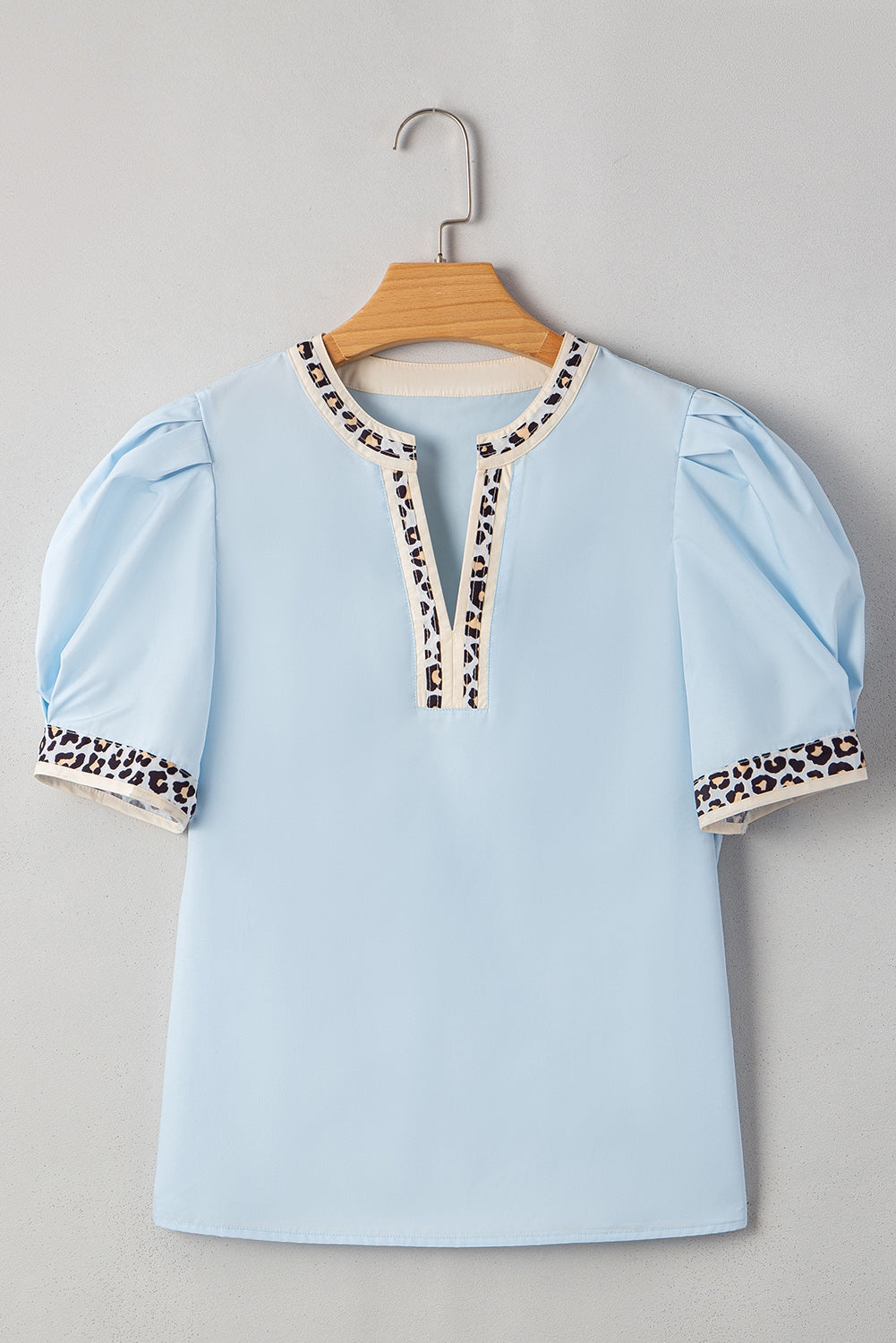 Buckskin Contrast Leopard Trim Split Neck Puff Sleeve Blouse