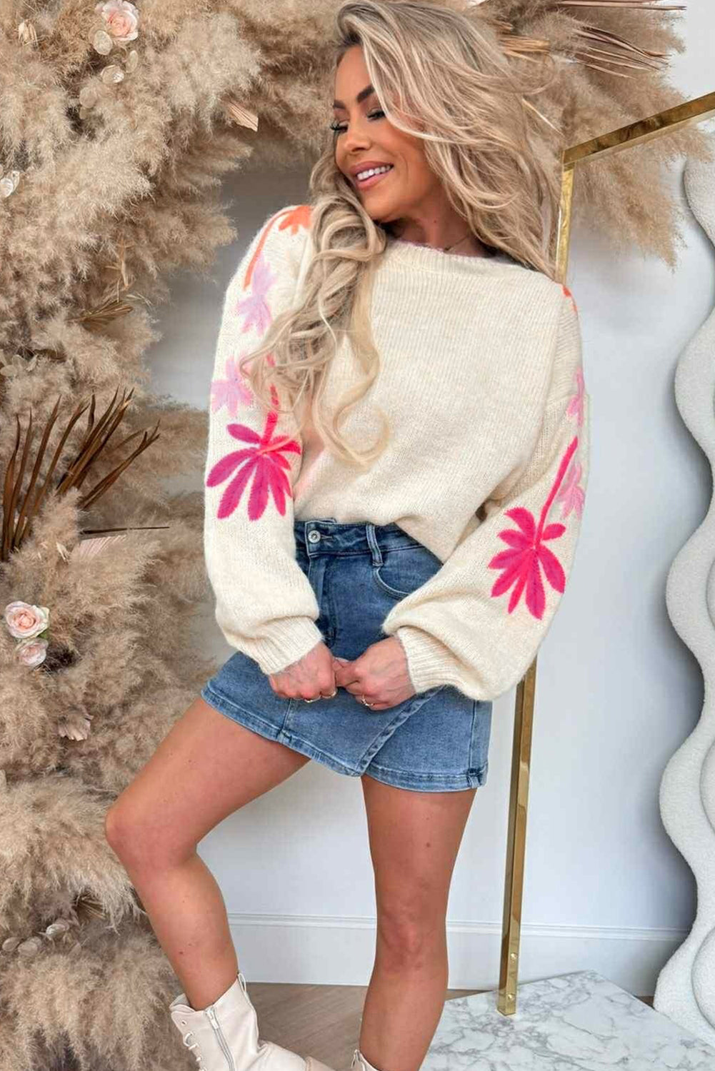 Simply Taupe Embroidered Floral Sleeve Round Neck Loose Sweater
