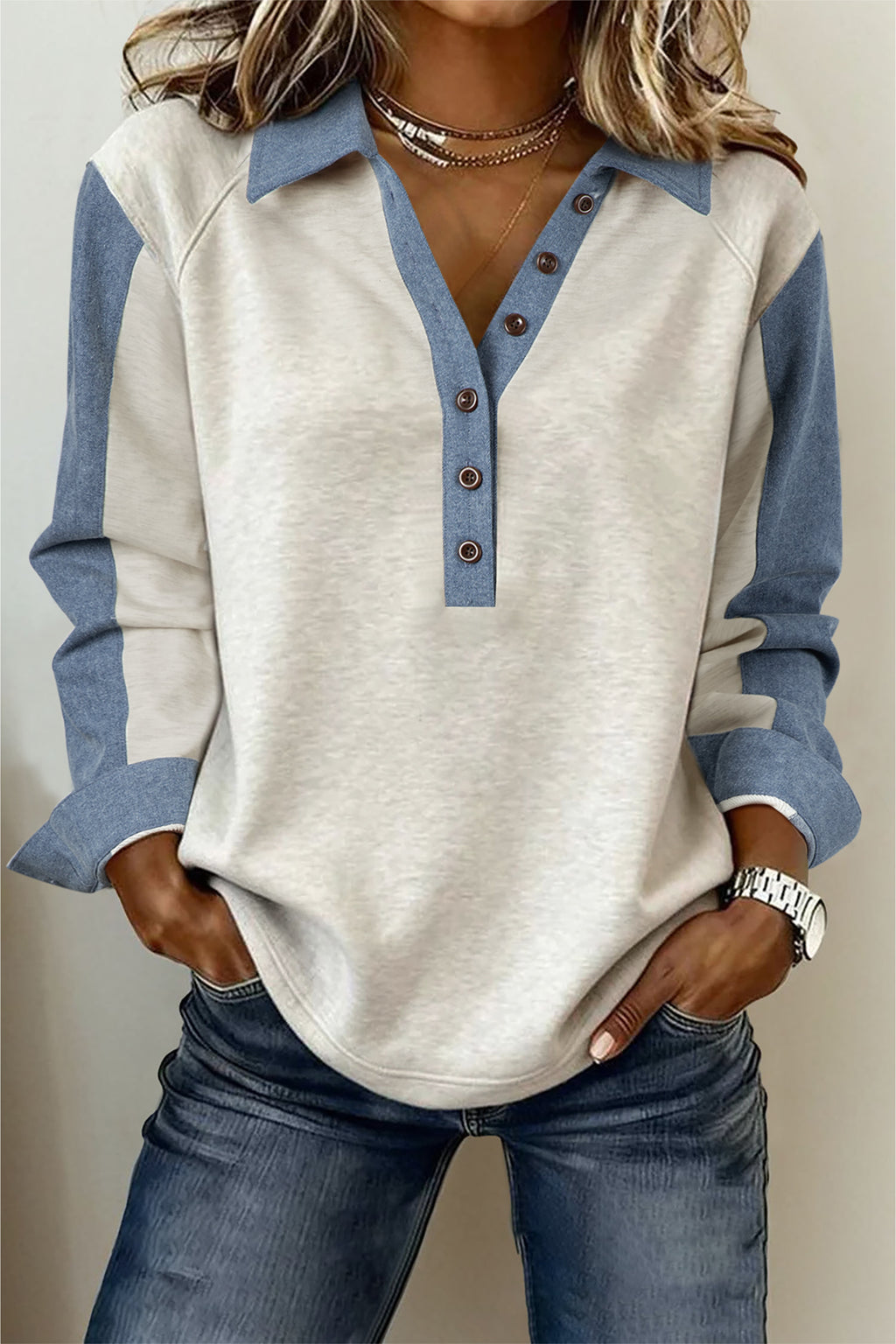 Beige Leopard Patchwork Half Button Short Sleeve Top