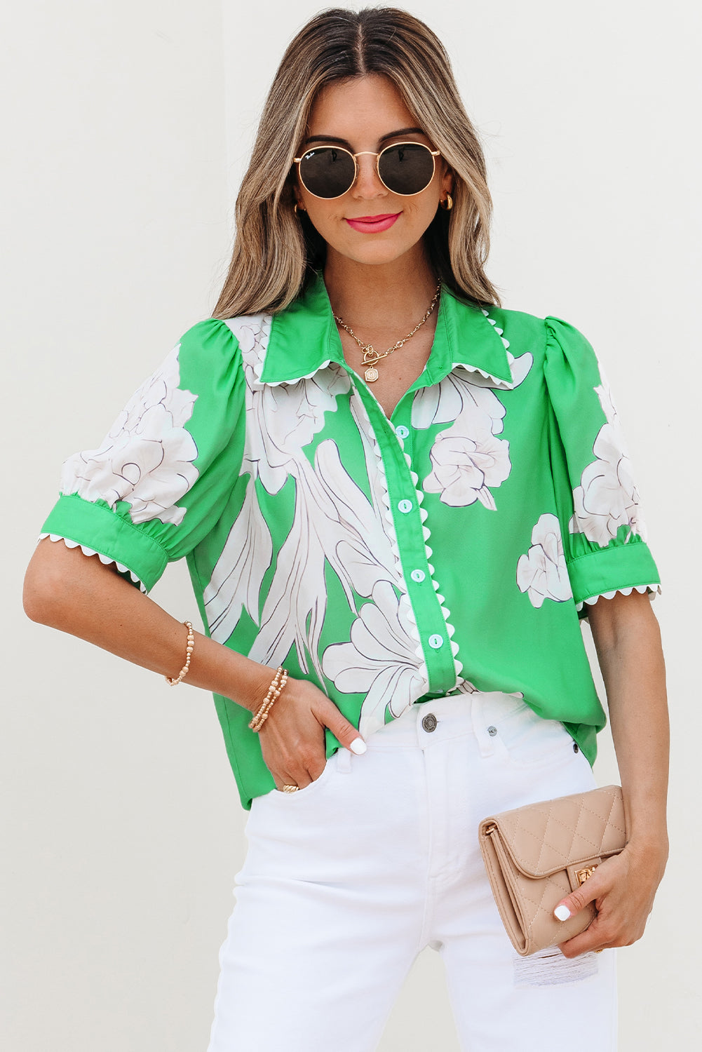 Sky Blue Floral Ric Rac Edge Puff Sleeve Button Up Summer Shirt