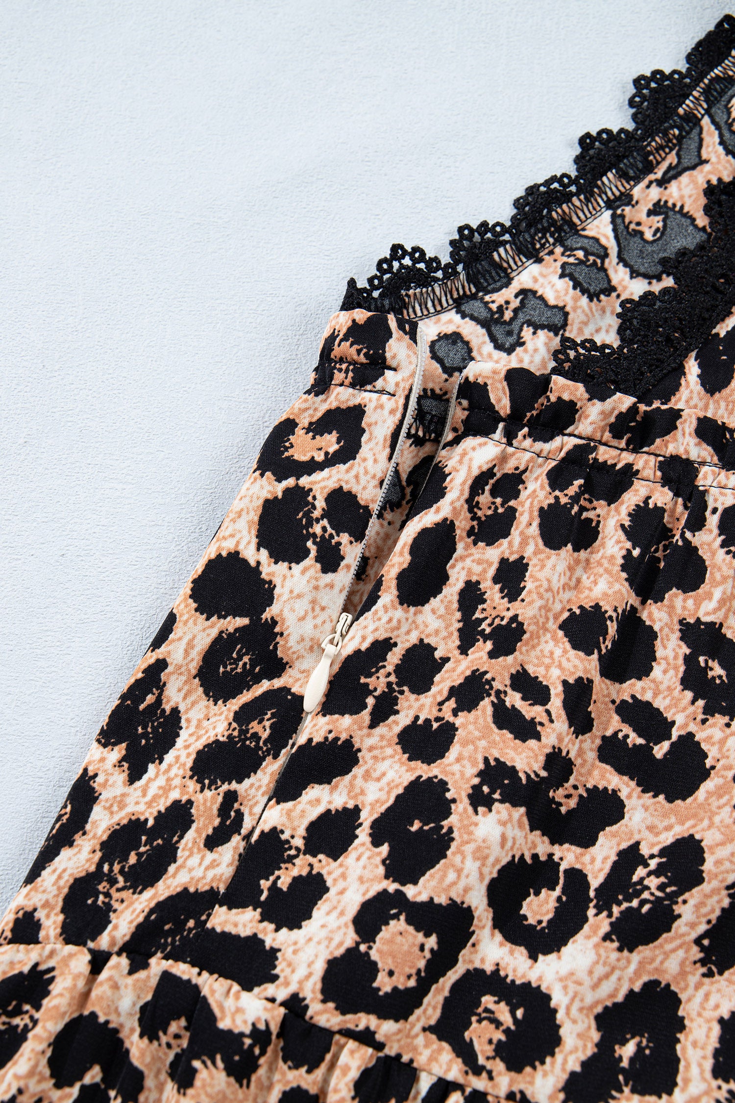 Khaki Cheetah Printed Contrast Lace Detail Ruffled Wide Leg Jumpsuit
