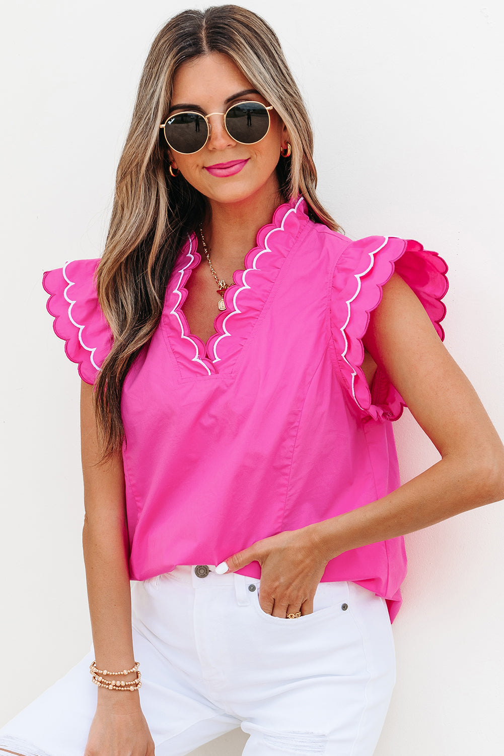 Blue Wild Flower Print Contrast Trim Scallop Detail Short Sleeve Blouse