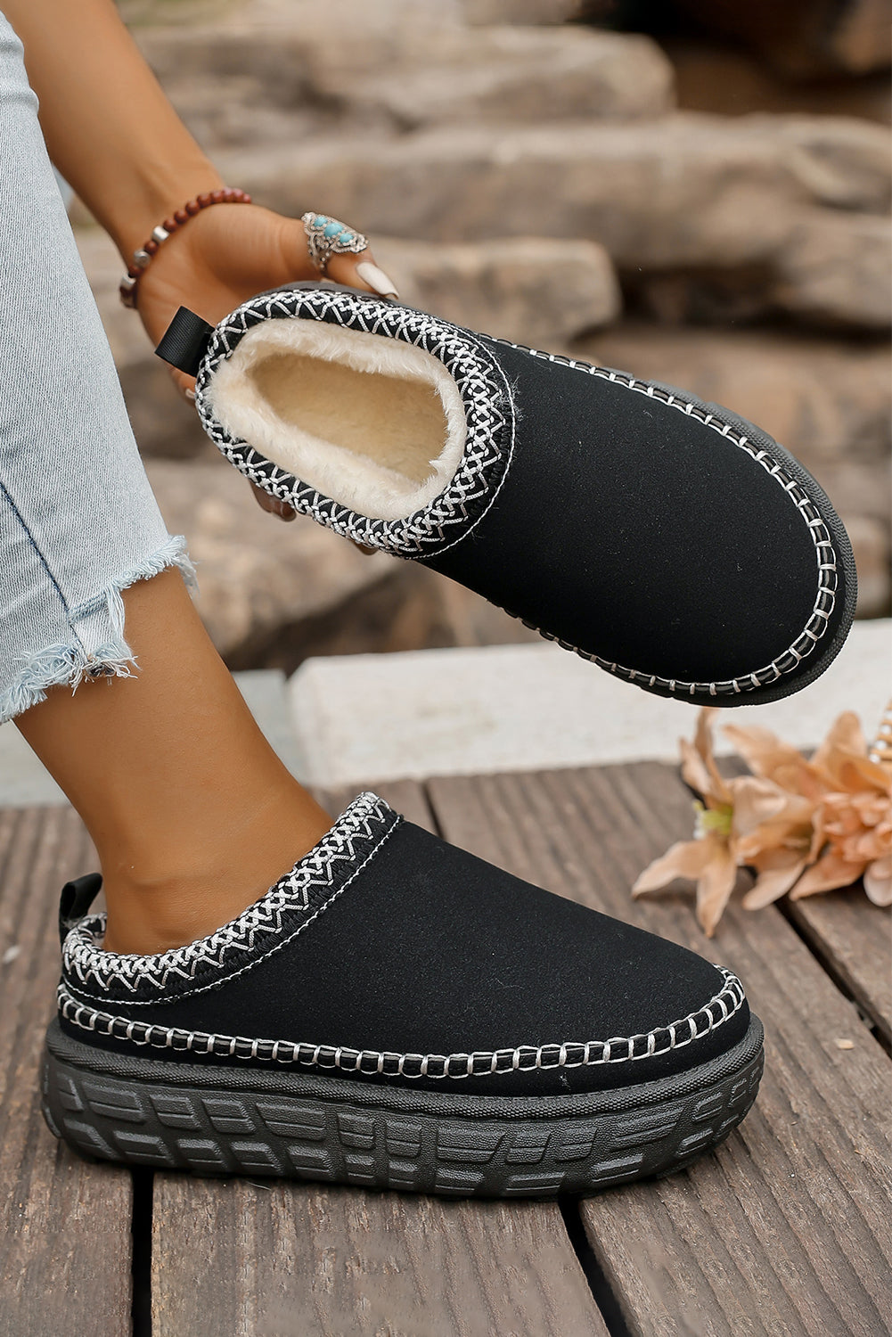 Coffee Contrast Stitch Detail Faux Suede PU Patchwork Plush Winter Clog Slippers