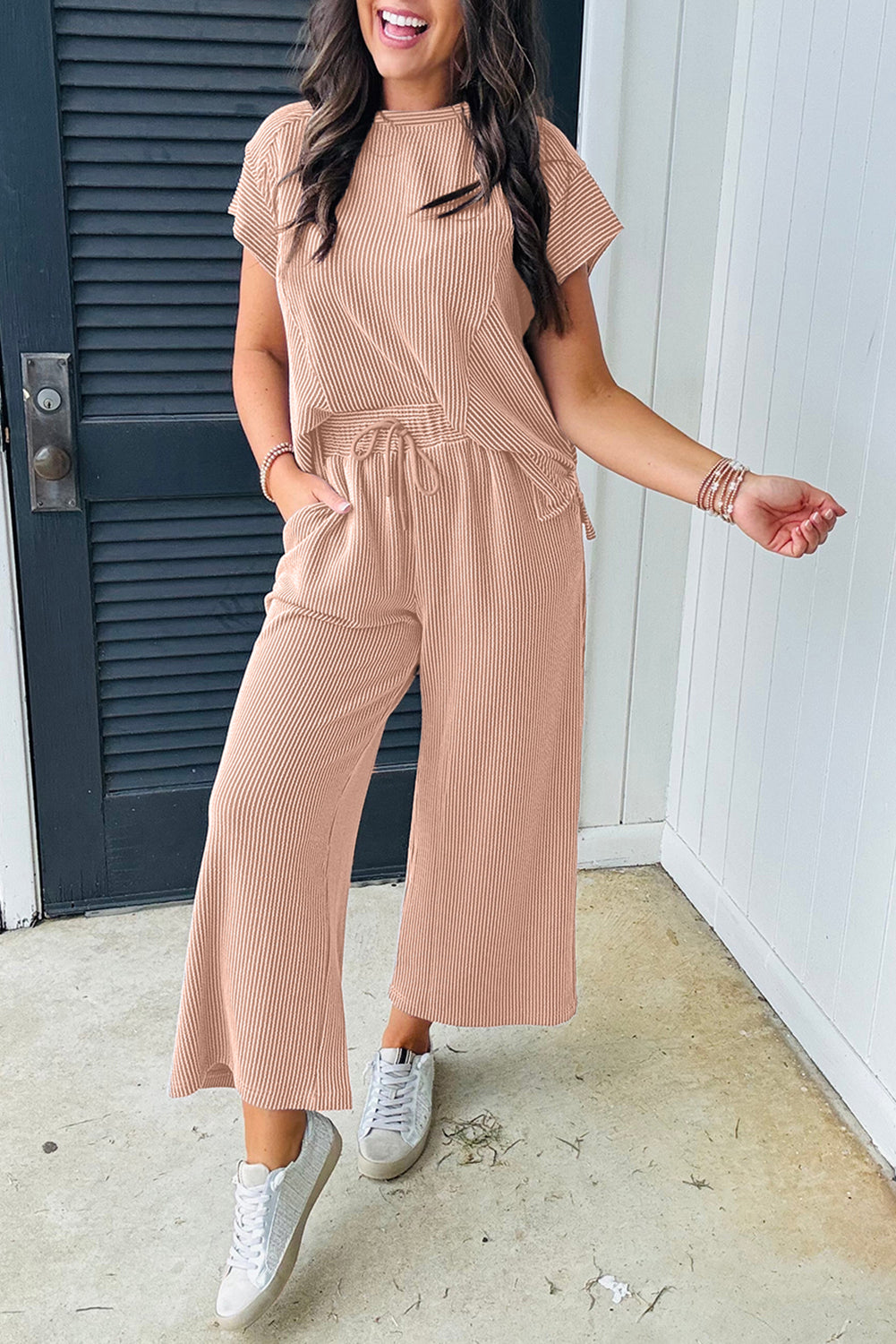 Blue Solid Corded Knit Short Sleeve T Shirt and Wide Leg Pants Set