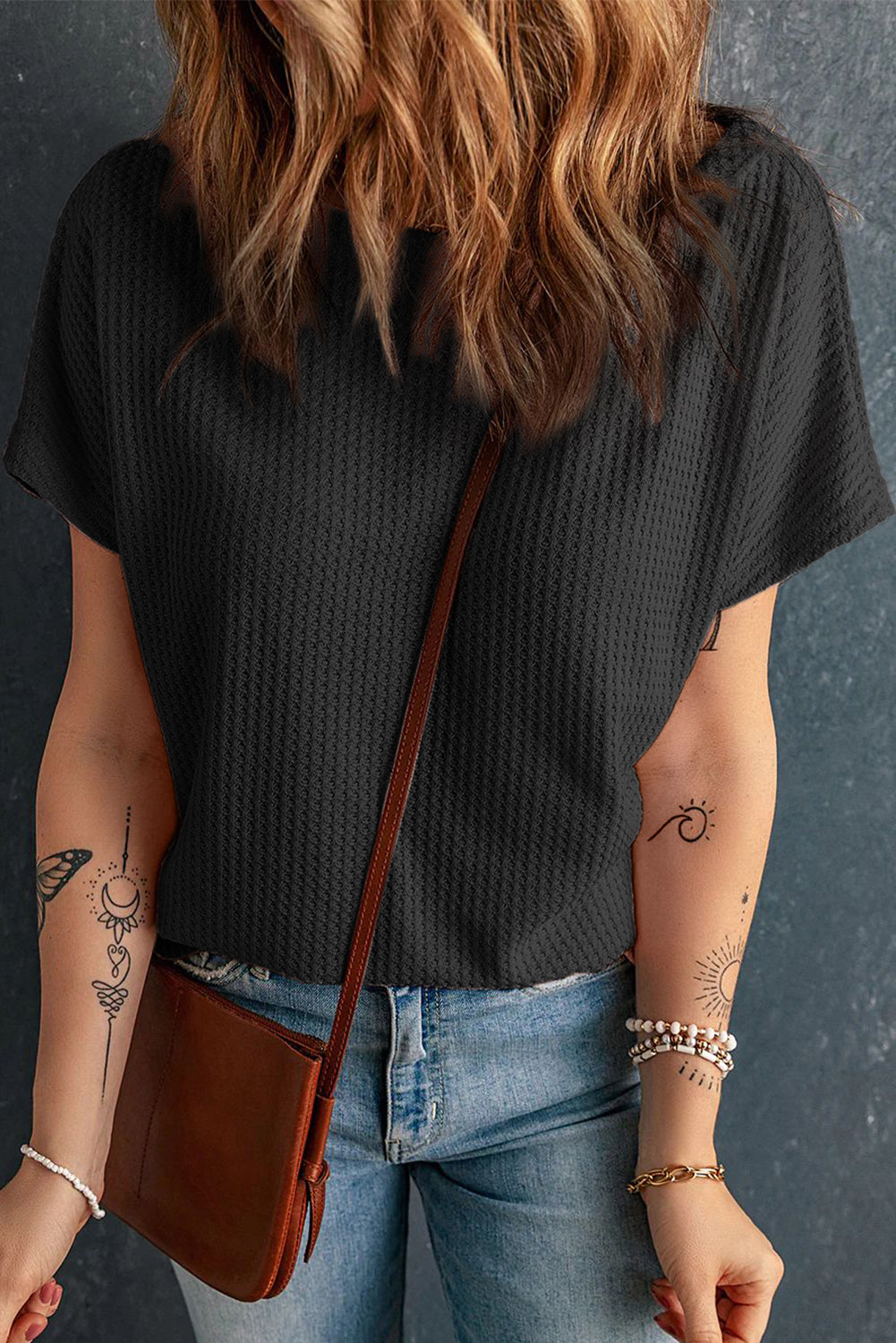 White Waffle Knit Boat Neck Short Sleeve Top
