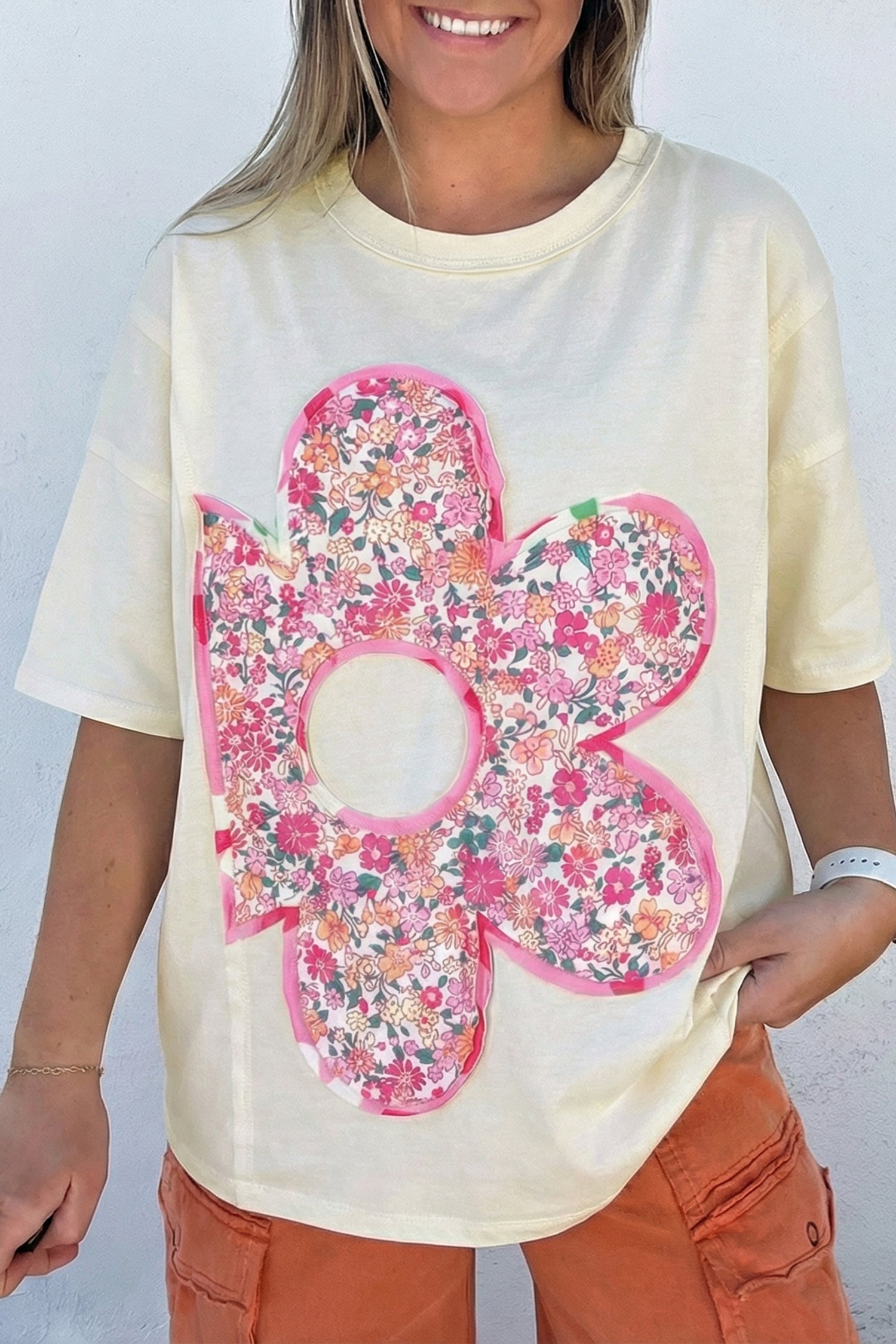 Bright Pink Floral Patched Raw Seam Big Flower Oversize Tee