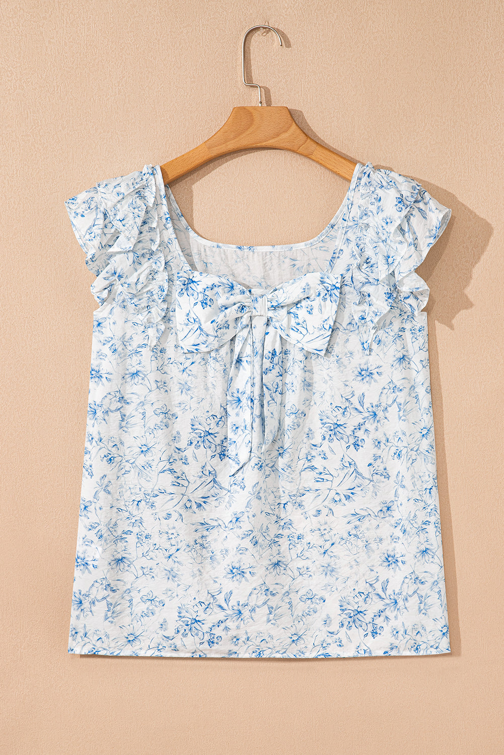 Beau Blue Textured Bow Knot Frilled Butterfly Sleeve Blouse