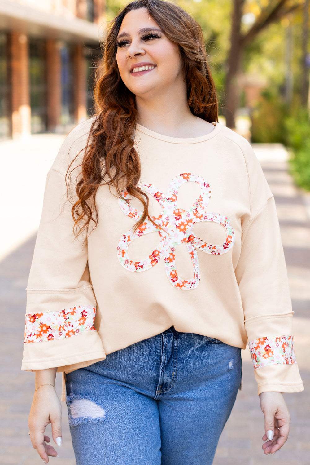 Beige Flower Patch Graphic Exposed Seam Wide Sleeve Top