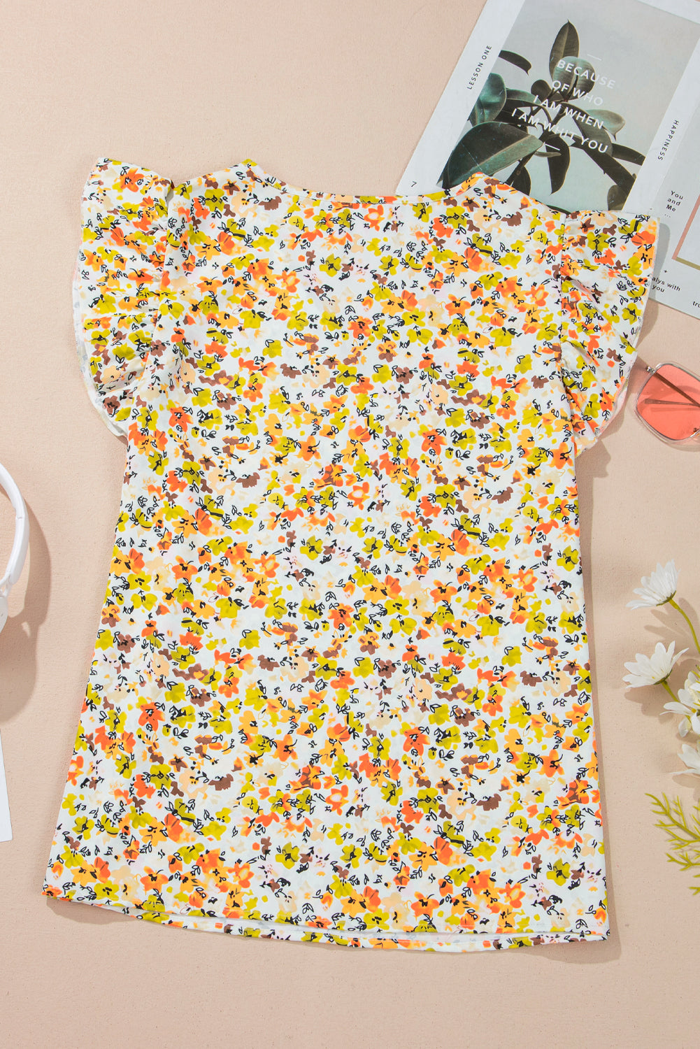 Green Floral Print Ruffled Sleeveless V Neck Tank Top