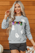 Gray Spooky Halloween Ghost Sequin Patched Sweatshirt