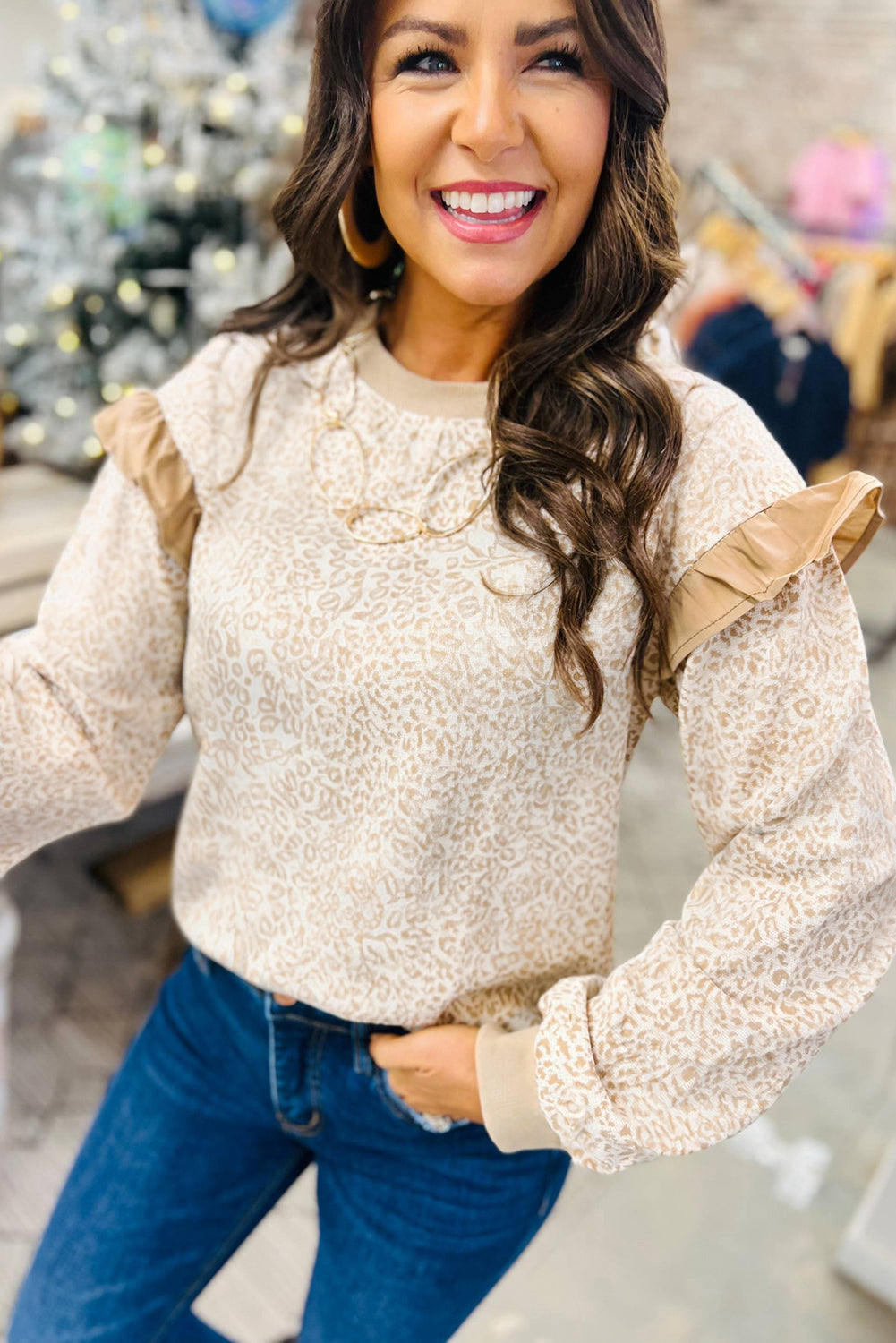 Khaki Plus Size Ruffled Arm Leopard Sweatshirt