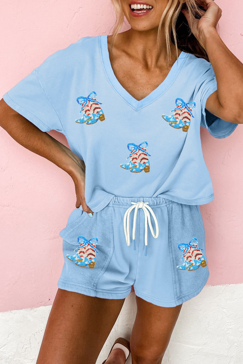 Myosotis Patriotic Sequin Boots Patched V Neck Tee Loose 2pcs Short Set
