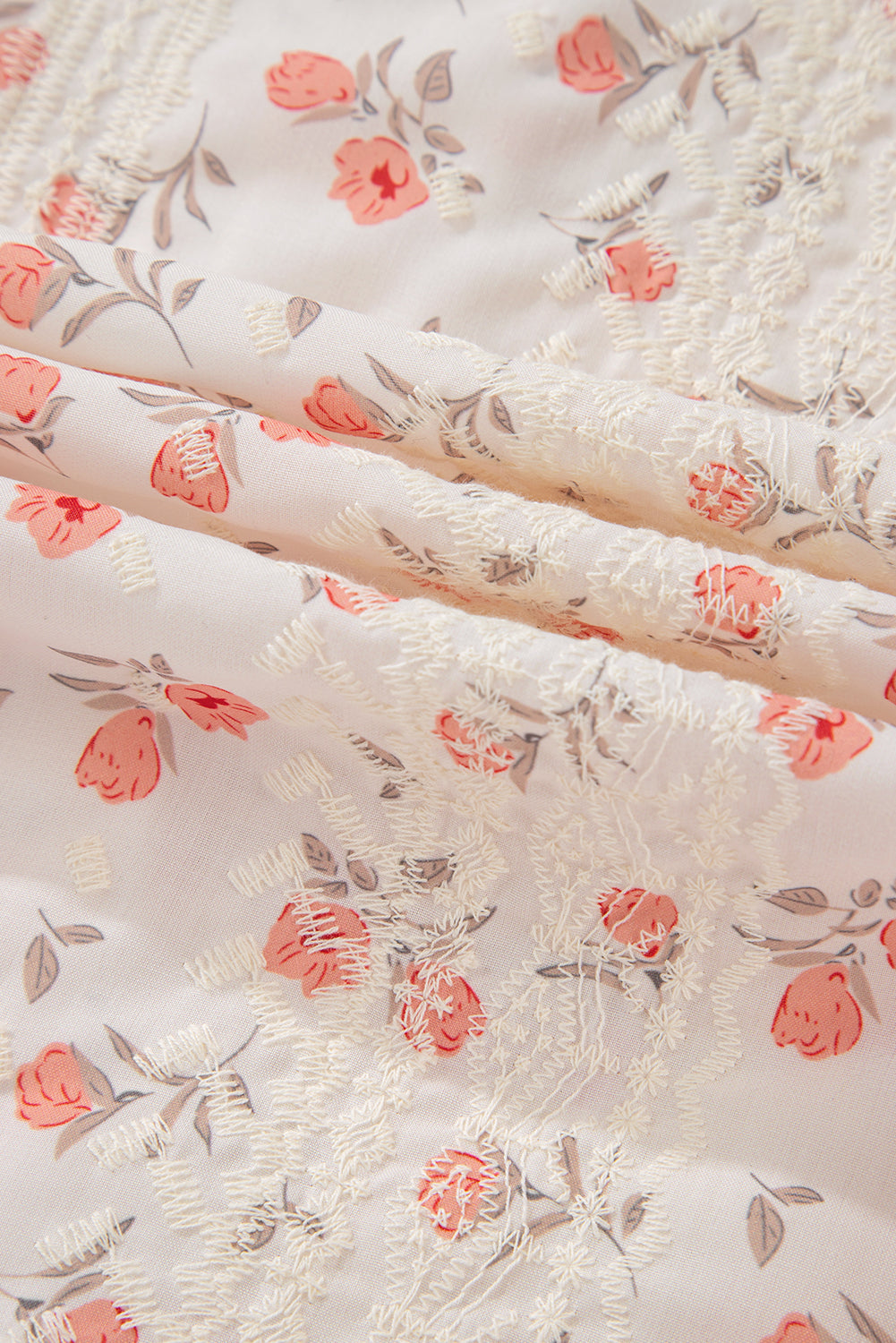 White Floral Eyelet Embroidered Puff Sleeve Notch V Neck Blouse